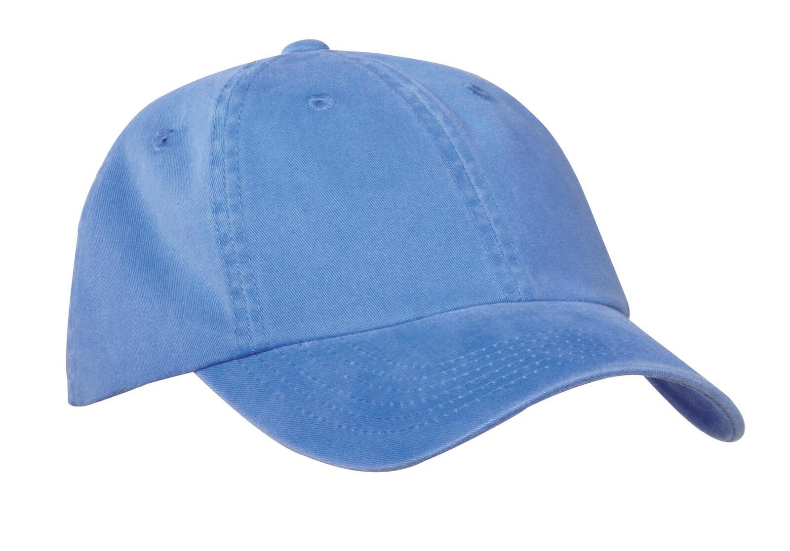 A light blue garment-washed cap with a curved brim and a logo on the front.