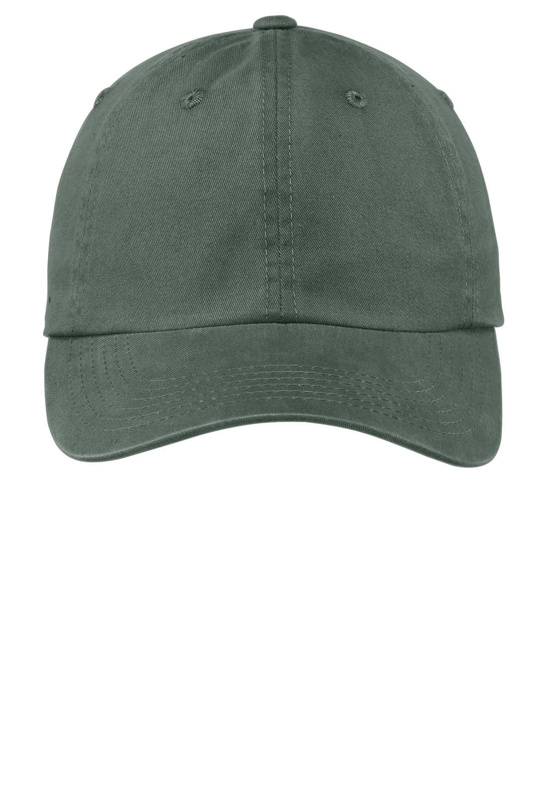 A khaki green garment-washed cap with a curved brim and adjustable strap, featuring a logo.