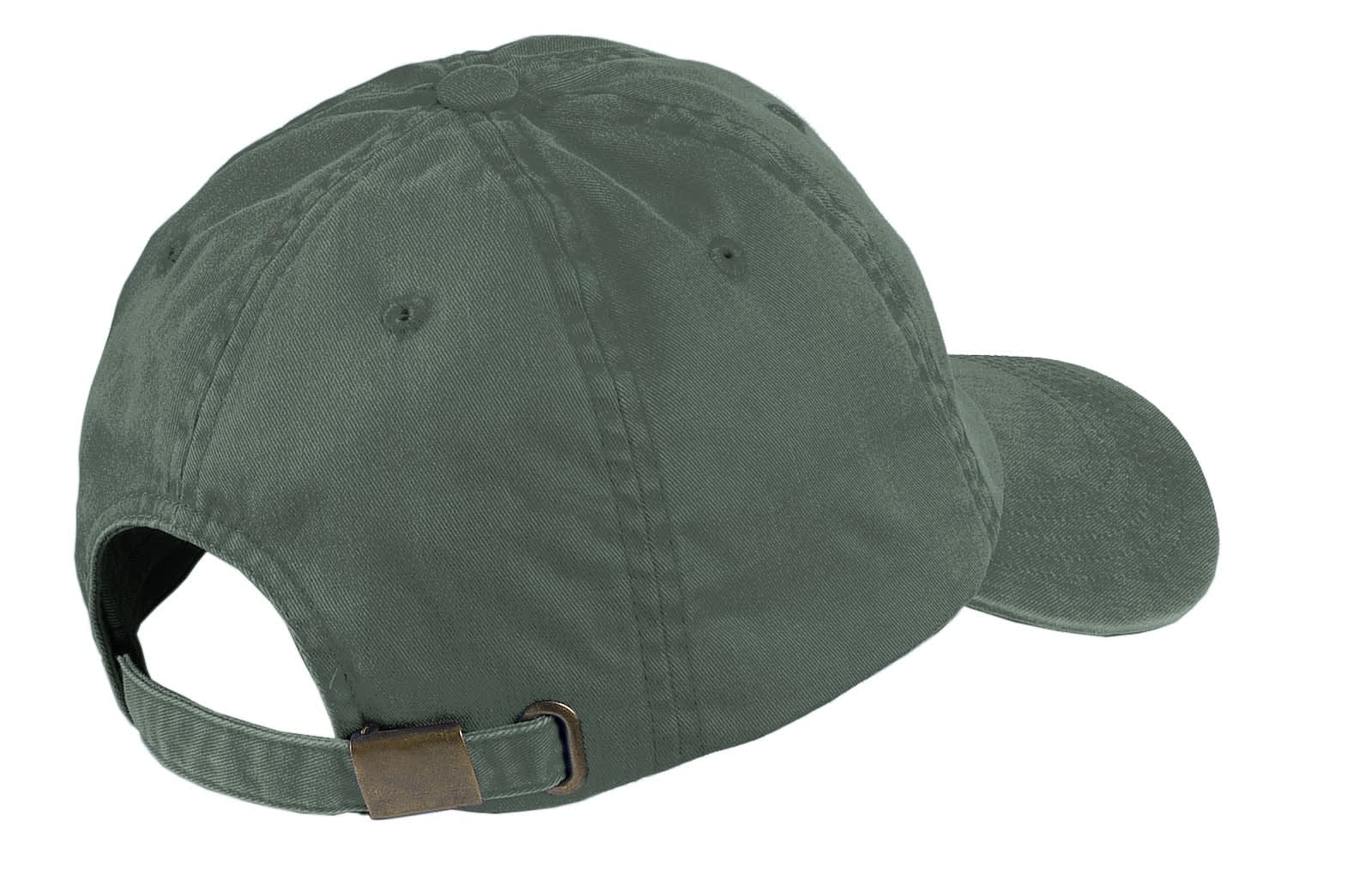 A khaki green garment-washed cap featuring an adjustable strap and a logo on the back.