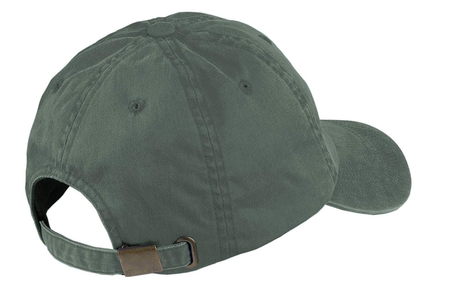 A garment-washed cap in olive green with a curved brim and an adjustable strap on the back.
