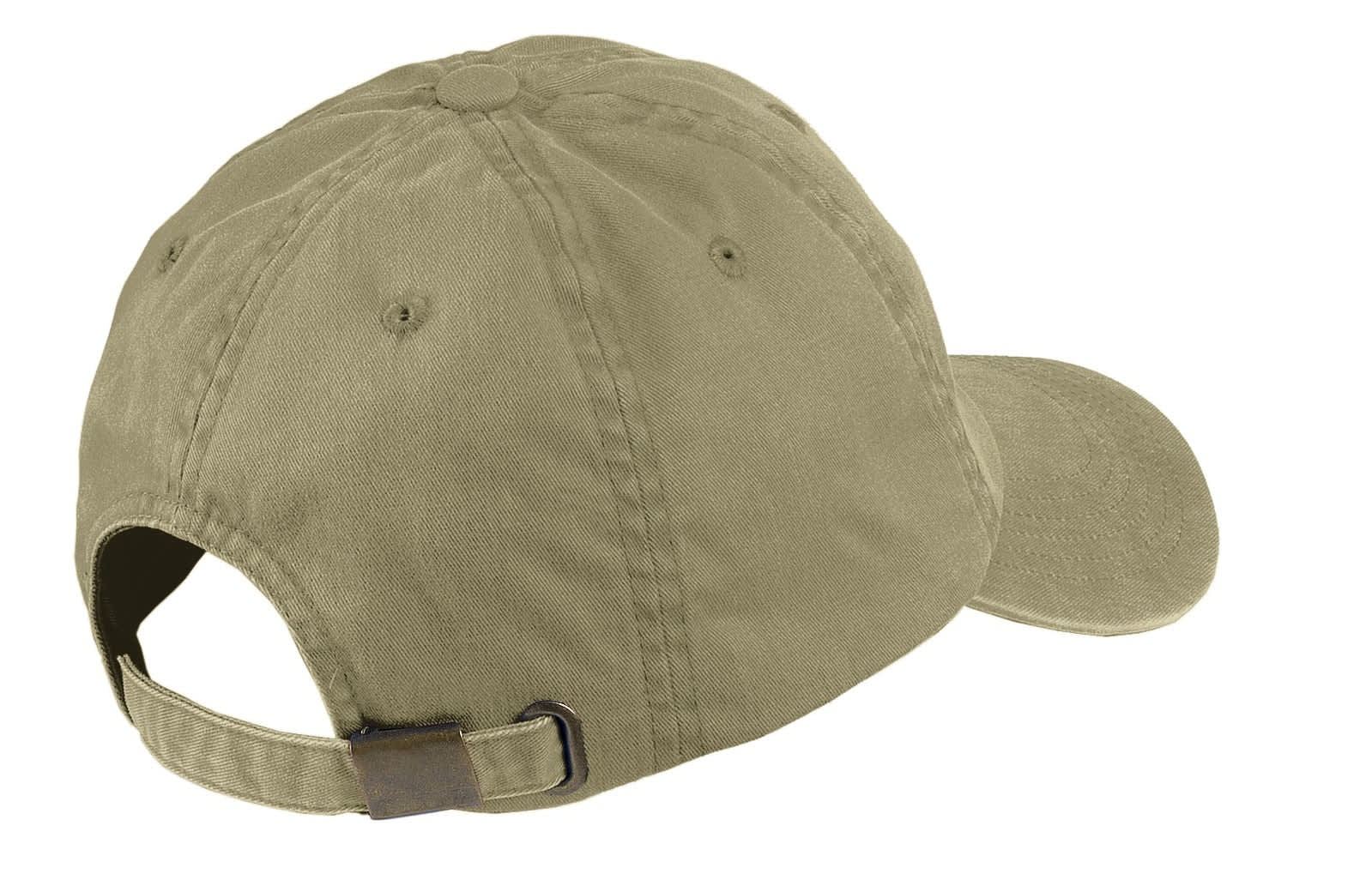 A khaki garment-washed cap with a curved peak and an adjustable strap at the back, featuring a logo.
