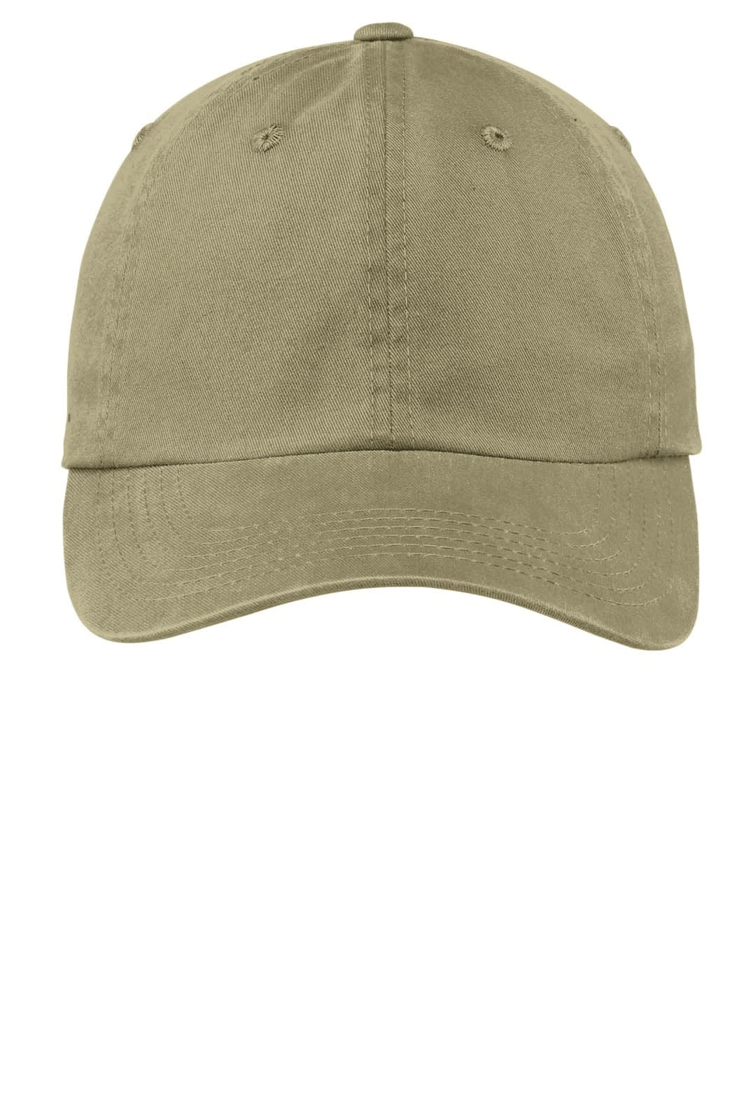 A khaki cap with a garment-washed finish and a logo on the front. Suitable for casual wear or promotional use.