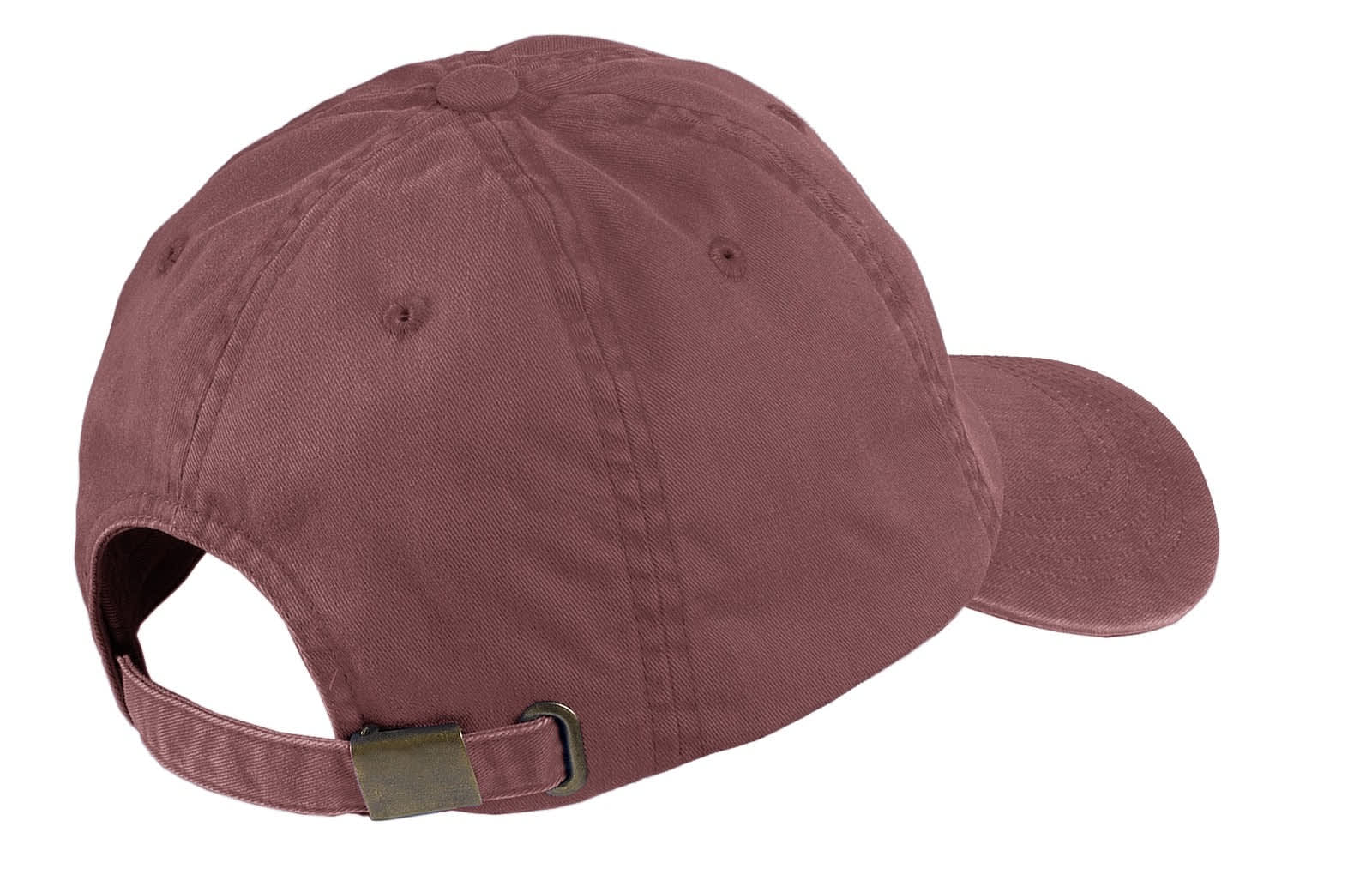 A garment-washed cap in mauve with a buckle adjustment at the back and a logo on the side.