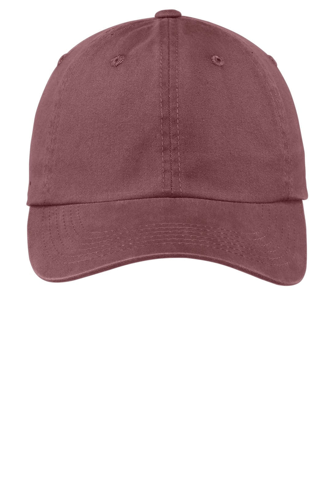 A maroon garment-washed cap featuring a curved brim and an adjustable strap. Includes a branding logo.