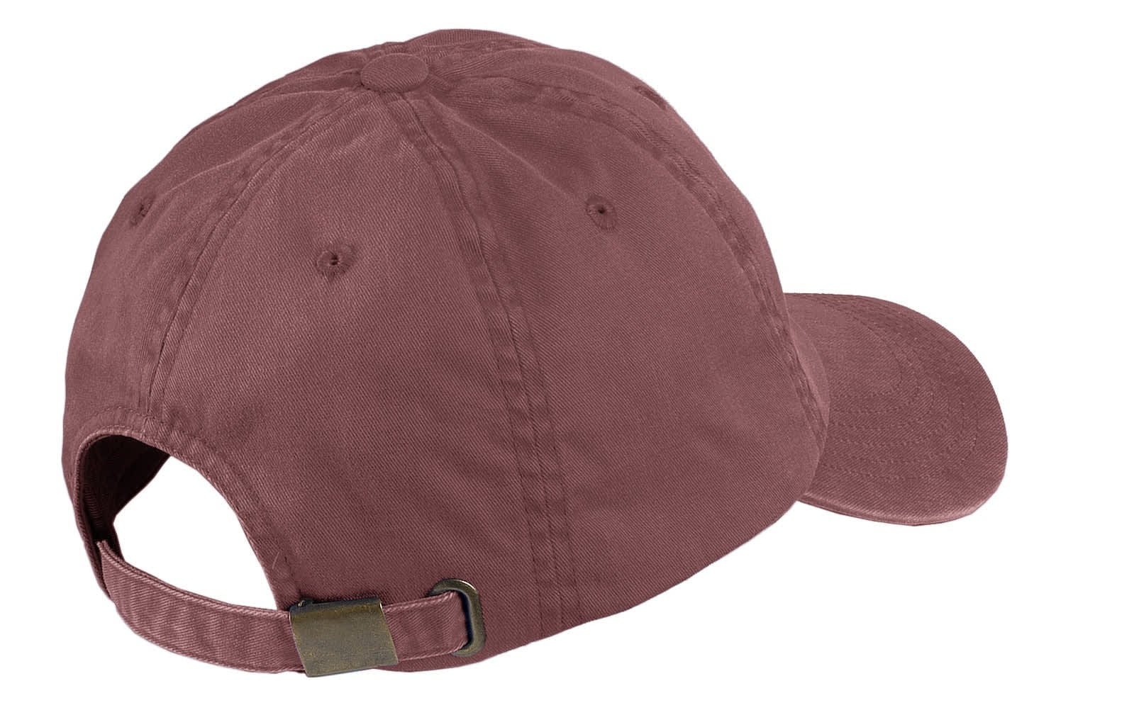A garment-washed cap in a muted burgundy colour with a metal buckle adjustment at the back and a seamless front panel.