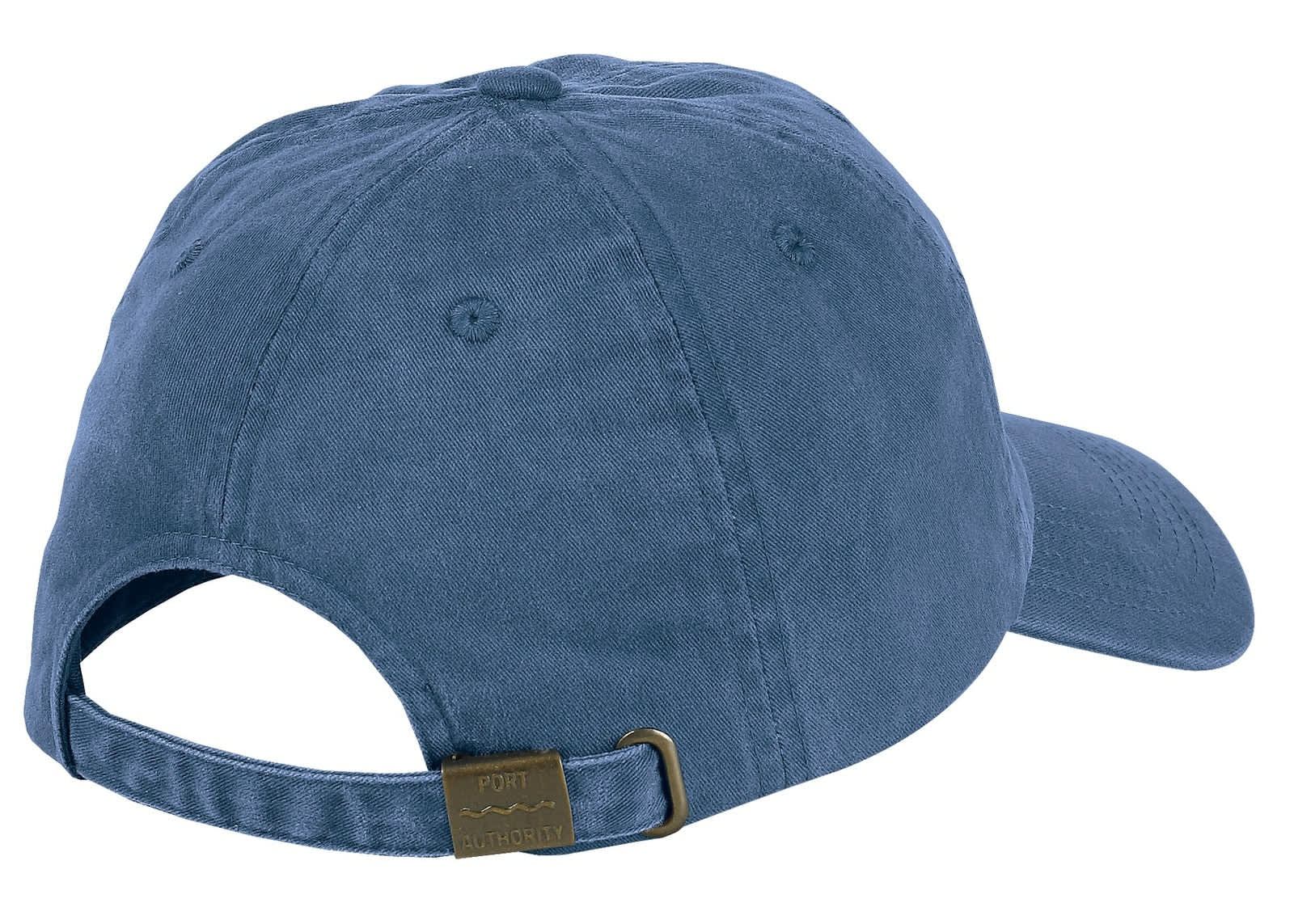 A blue garment-washed cap featuring an adjustable strap and a logo on the back.