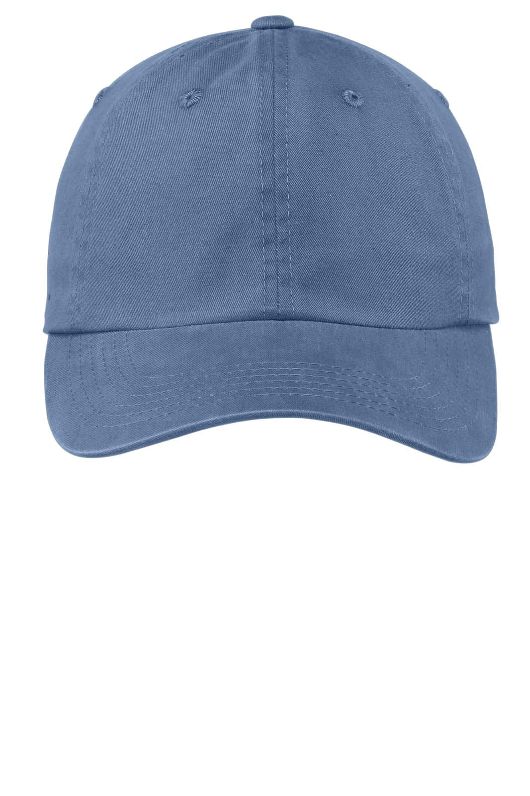 A blue garment-washed cap with an adjustable strap and a logo on the front.
