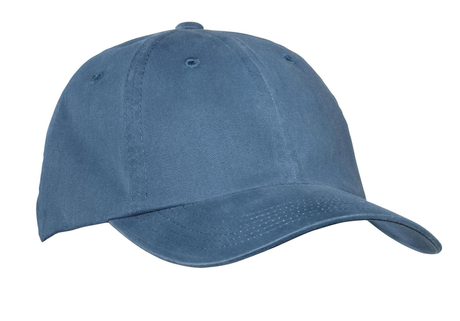 A blue garment-washed cap featuring a curved brim and a logo on the front.