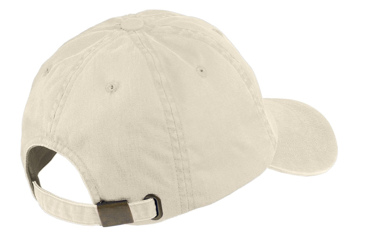 A beige garment-washed cap with a curved brim and an adjustable strap at the back. It features a logo.