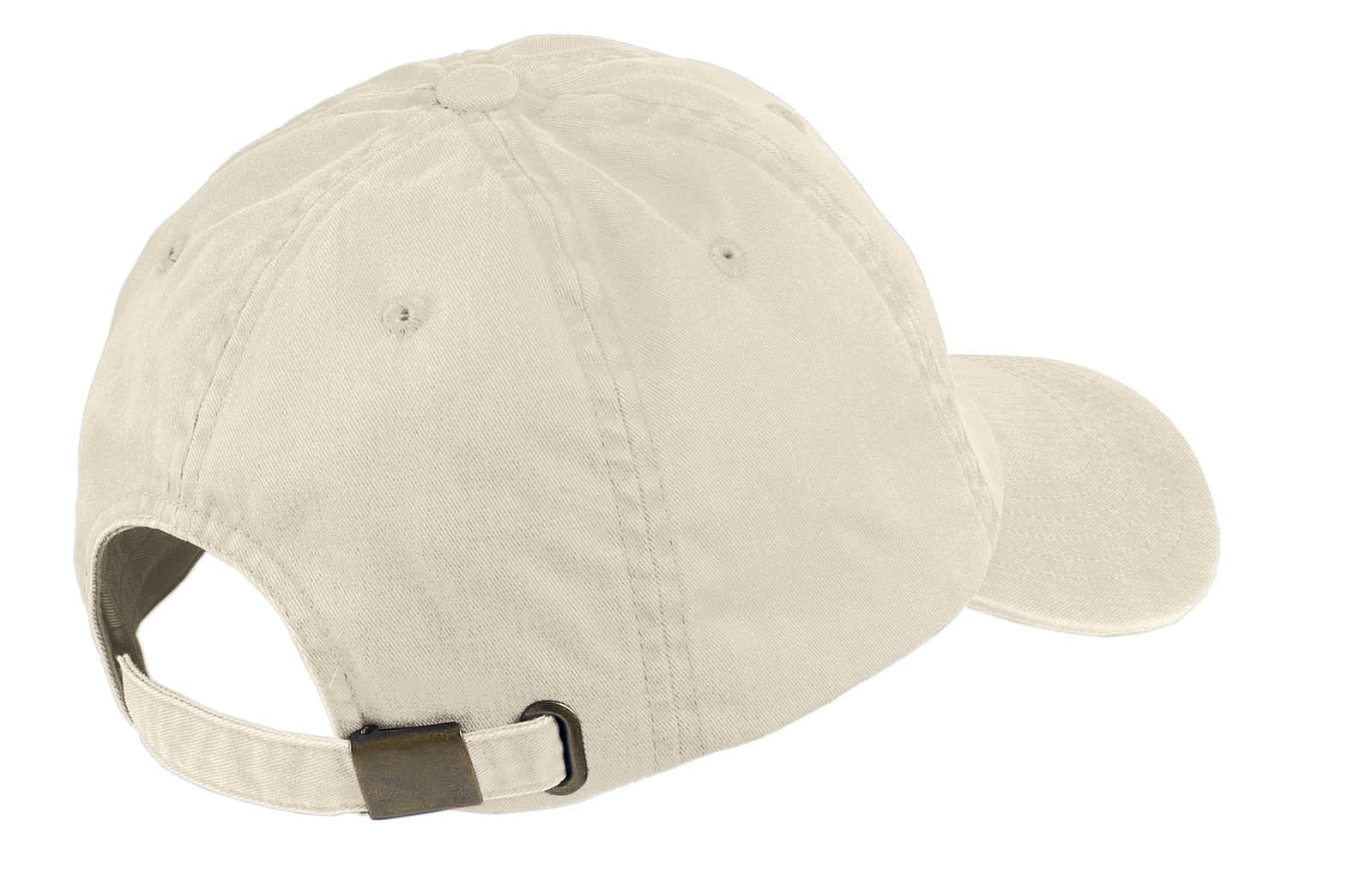 A cream-coloured garment-washed cap with an adjustable strap and a branded logo on the back.
