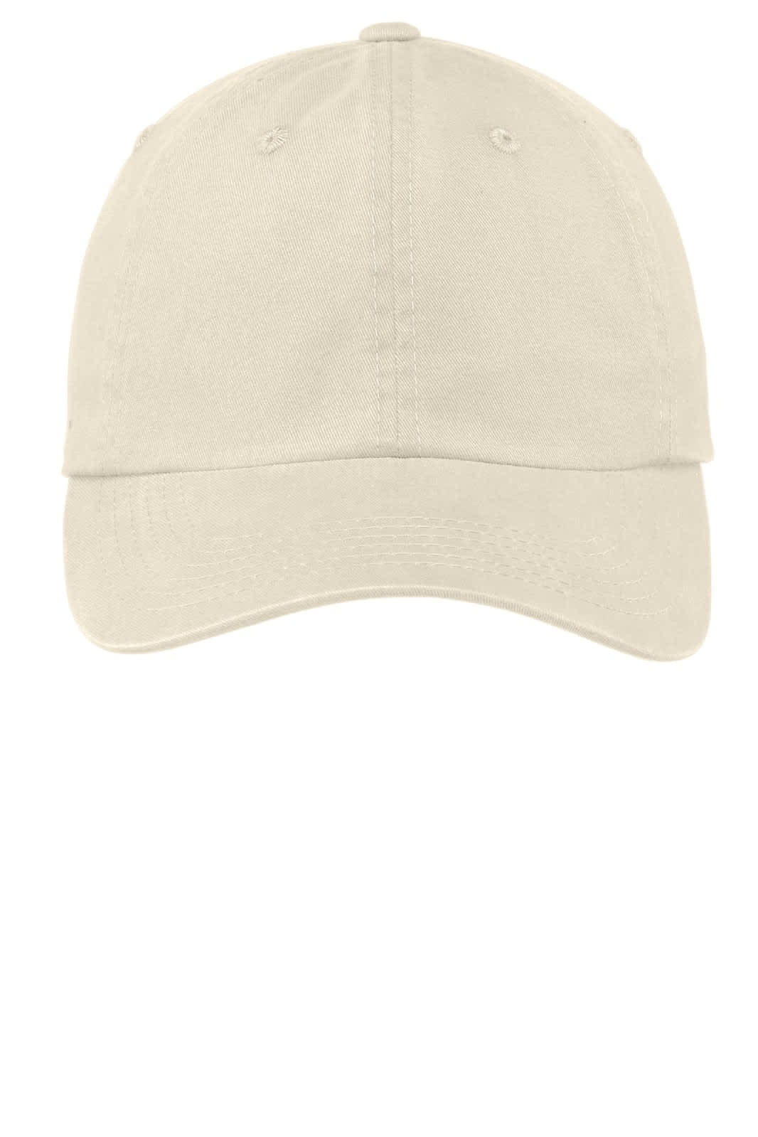 A beige garment-washed cap featuring a curved brim and a logo on the front.