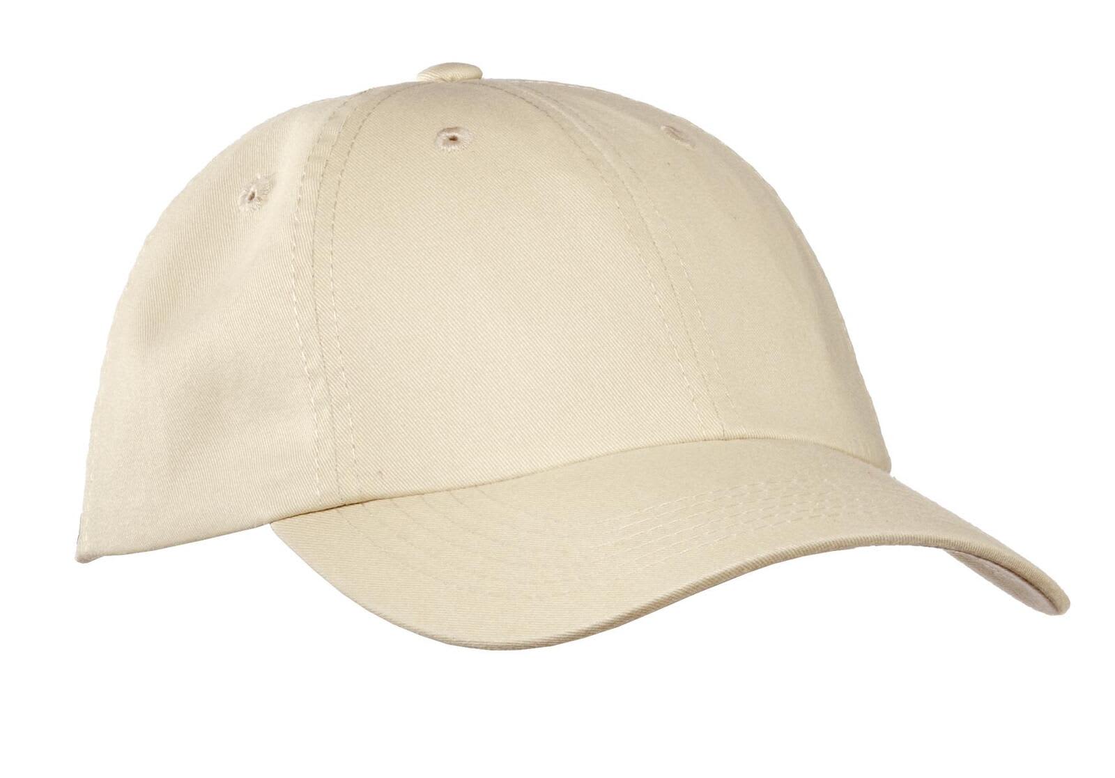 A beige garment-washed cap with a logo, featuring a curved brim and ventilation eyelets.