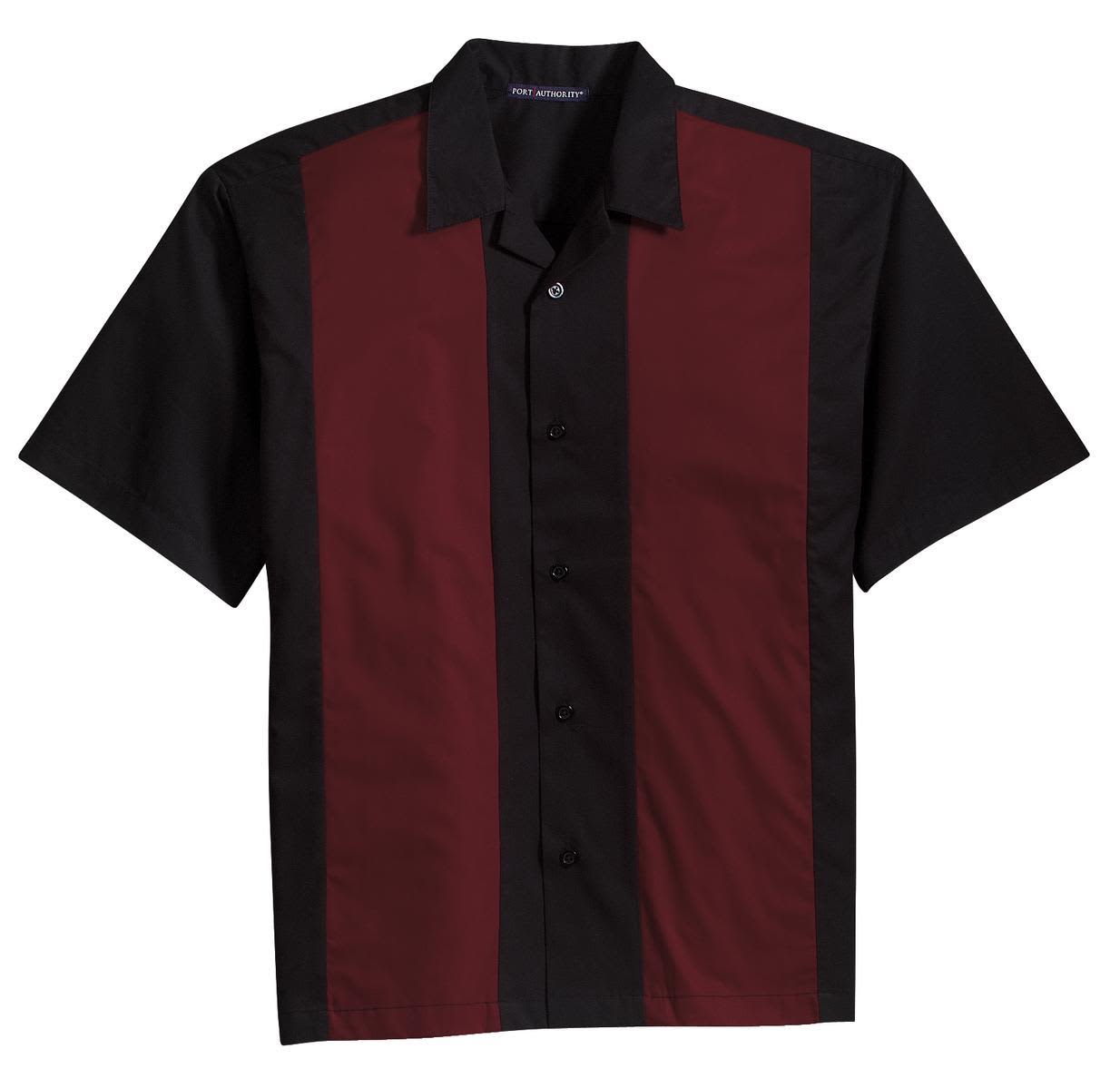 A button-up shirt featuring black fabric with maroon vertical stripes and a collar. It includes a subtle logo.