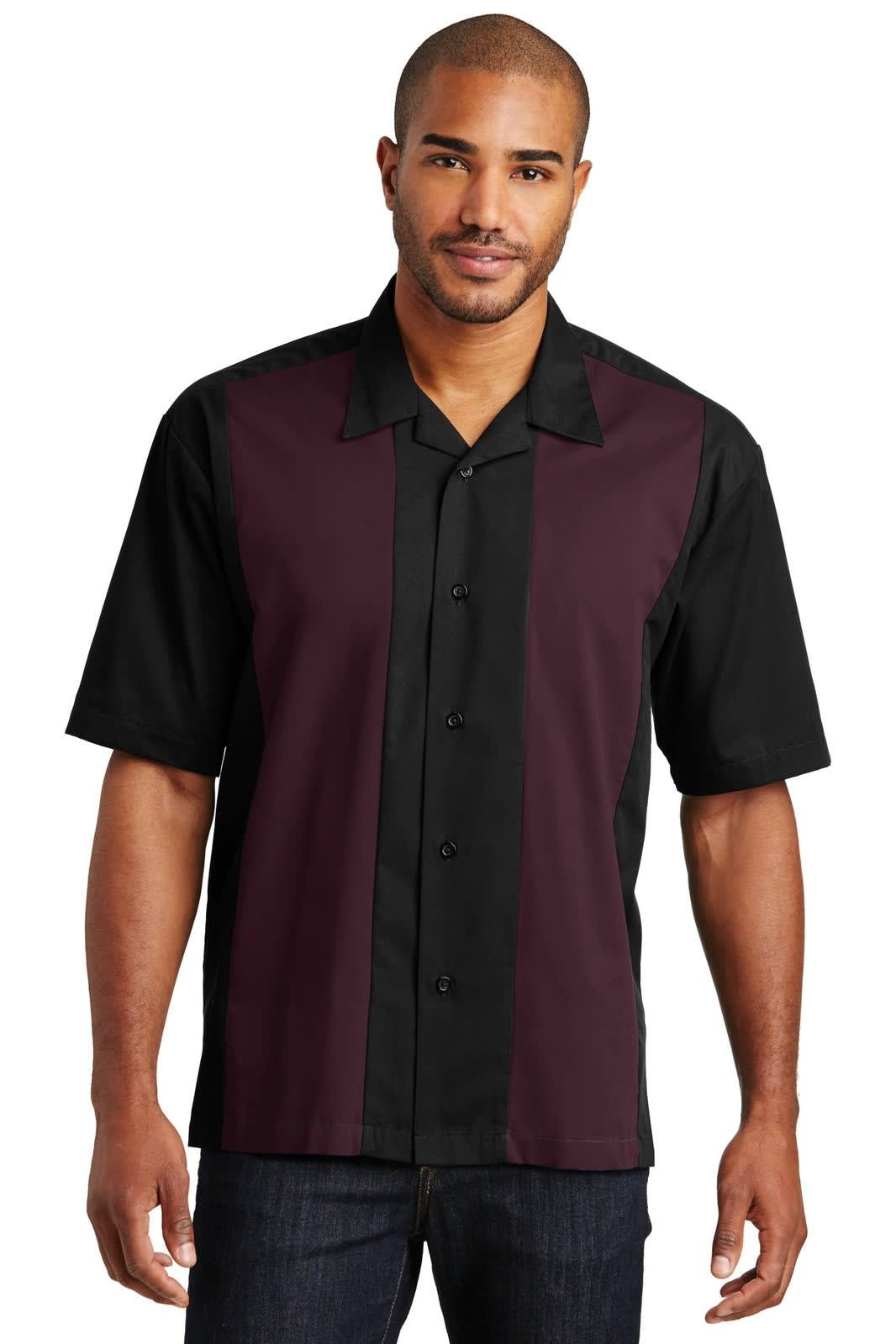 A short-sleeved button-up shirt featuring a black base with burgundy panels and a logo on it.