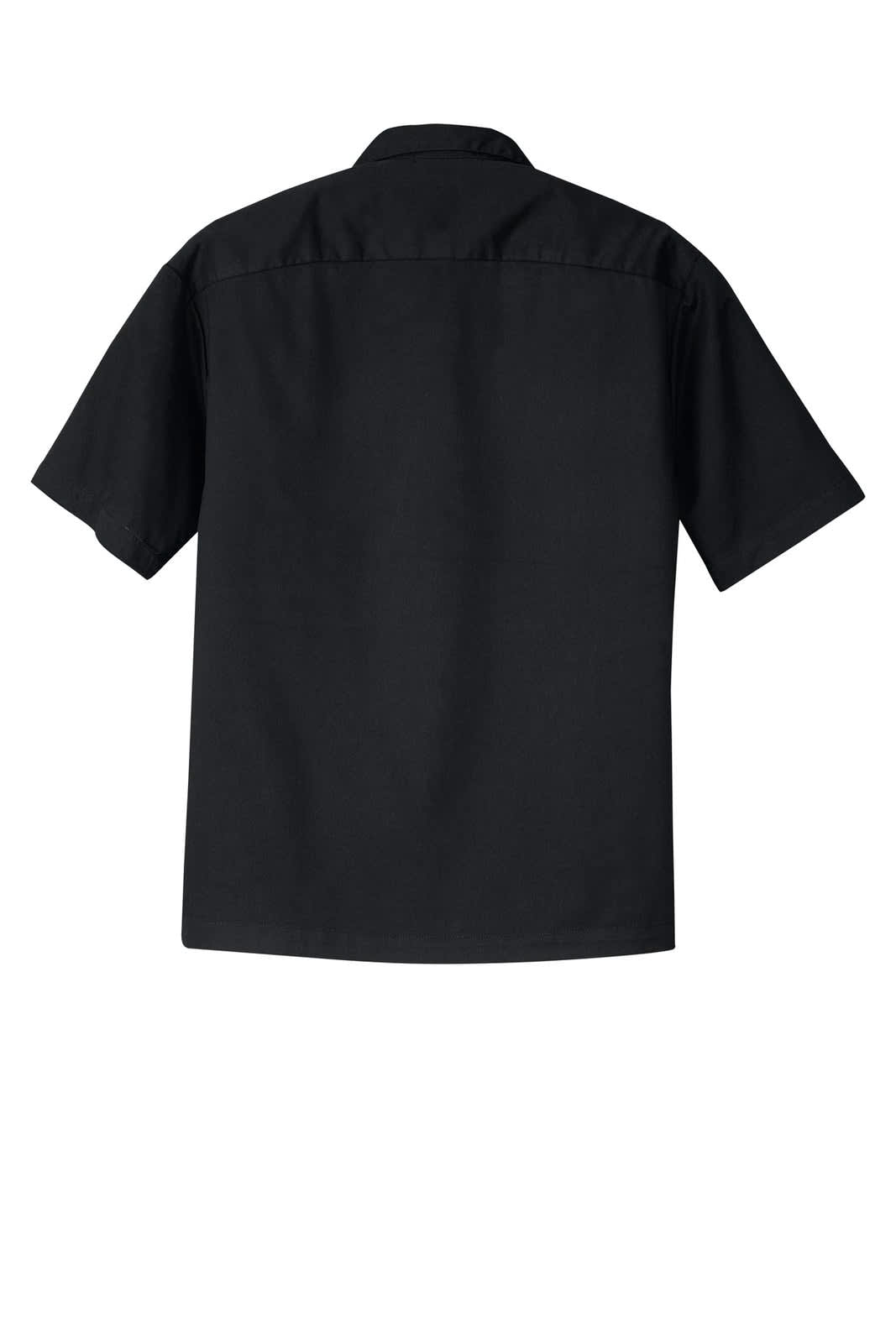 A black retro camp shirt featuring short sleeves and a simple design. It has a logo on the back.