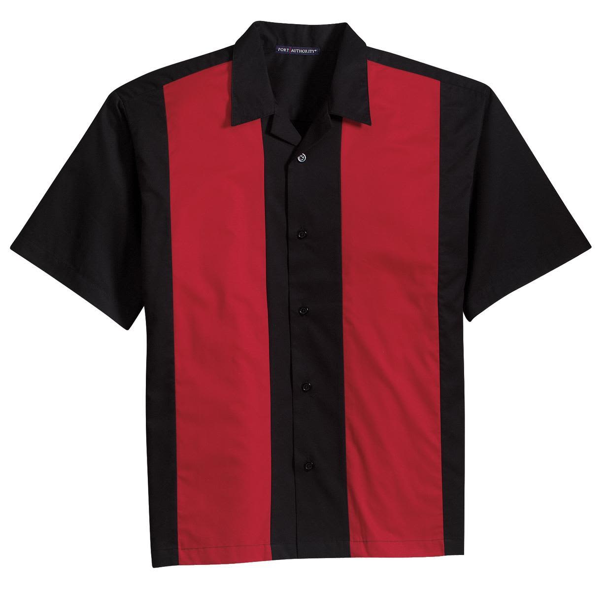 A short-sleeved button-up shirt featuring bold red and black vertical stripes, with a rounded collar and a single button closure.