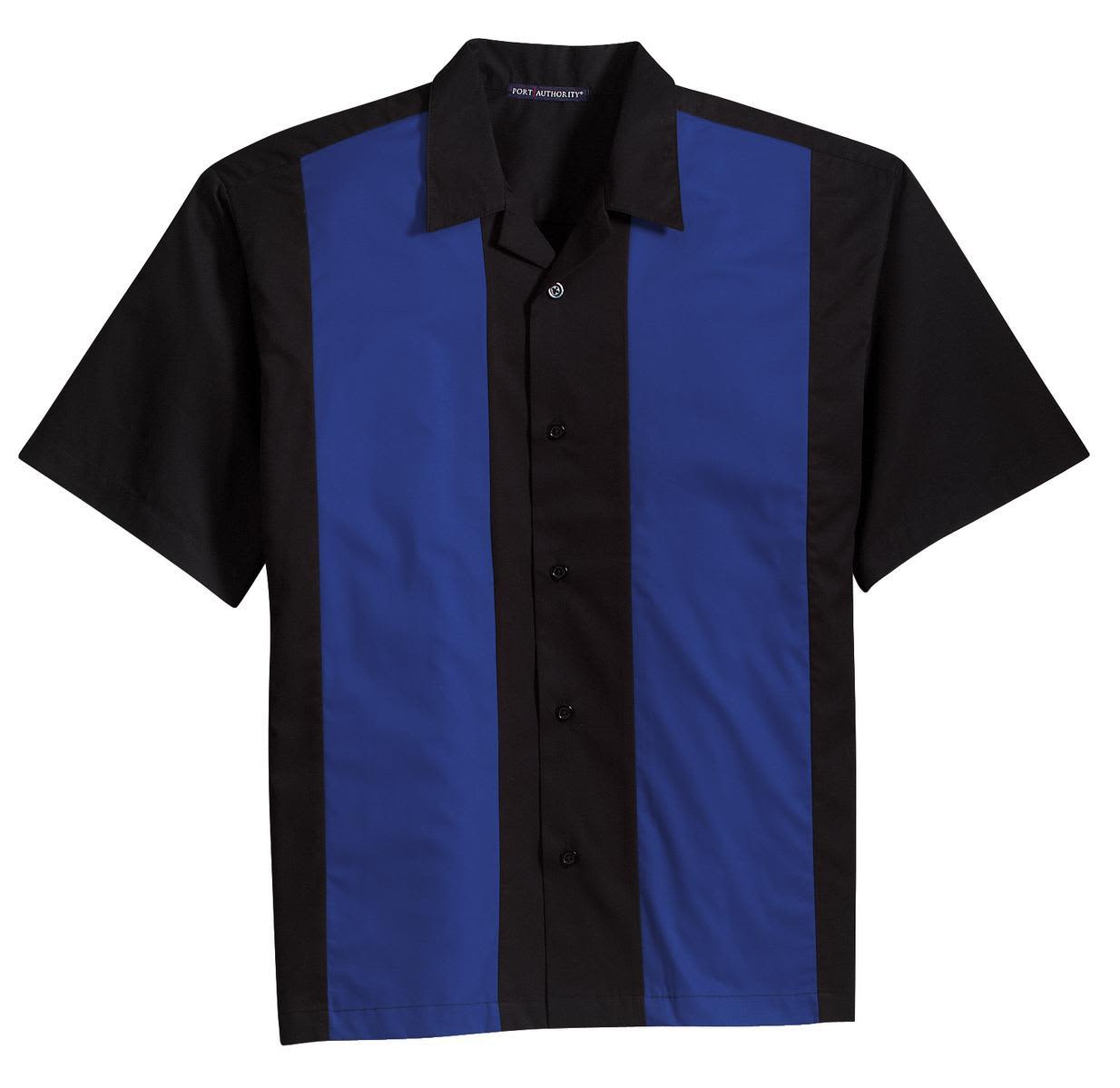 A button-up shirt featuring blue and black vertical stripes, with a front button closure and a collar. It includes a logo.