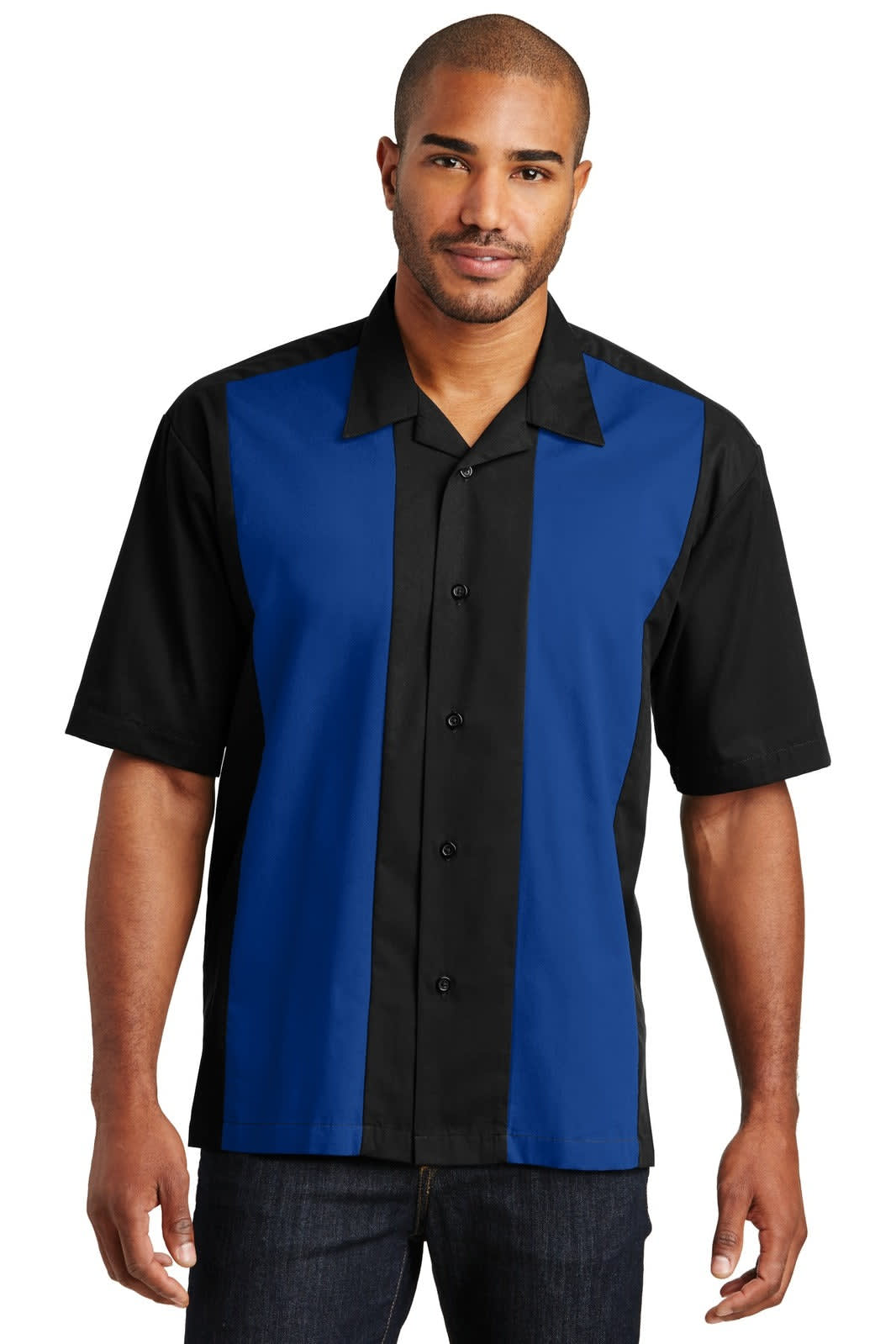 A short-sleeved button-up shirt featuring black and blue panels, with a collar and a logo on the chest.