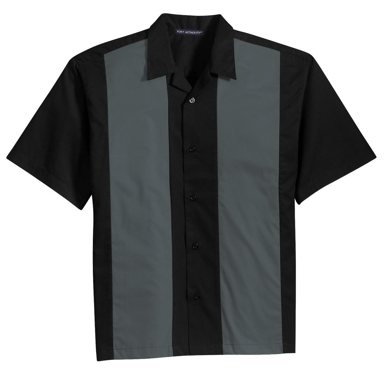 A black and grey button-up camp shirt featuring vertical panels and a collar. Includes a logo on the label.