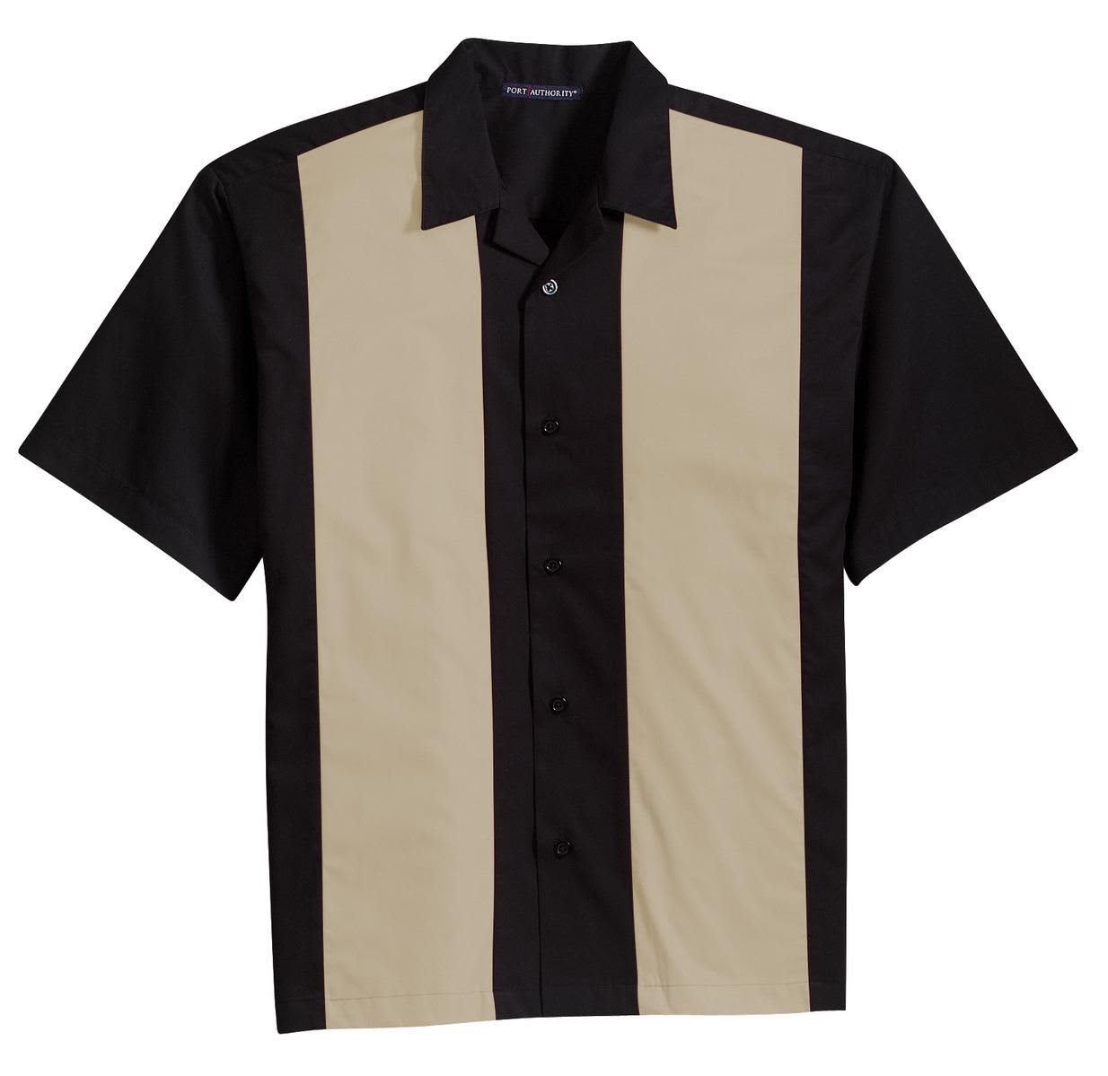A button-up shirt featuring a retro design with black and beige vertical stripes and a collar. It has a logo.