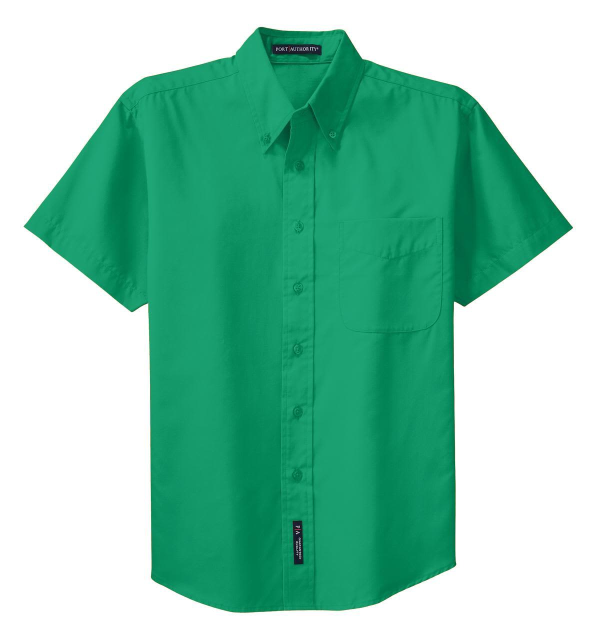A short sleeve button-up shirt in bright green with a chest pocket and a logo.