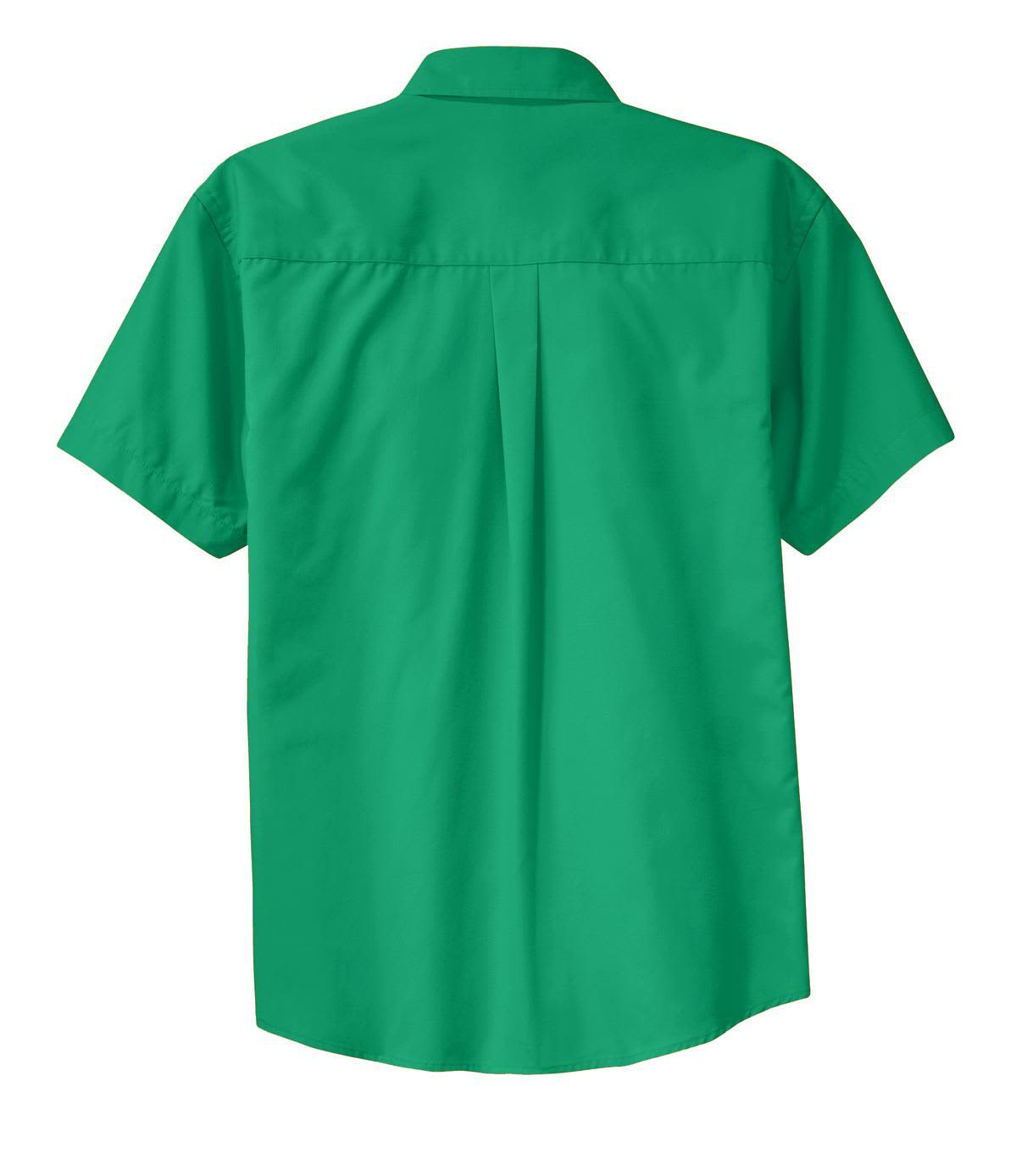 A green short sleeve button-up shirt with a pleated back and a collar, featuring a logo.