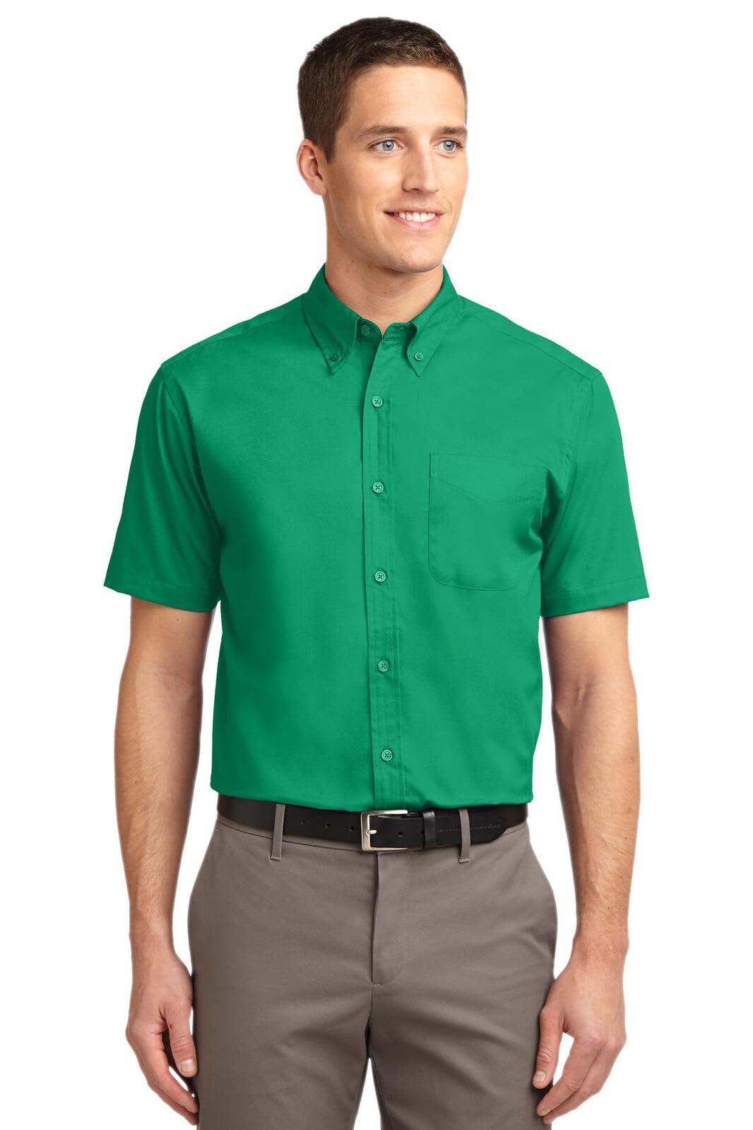 A green short sleeve button-up shirt with a collar, featuring a logo on the chest.