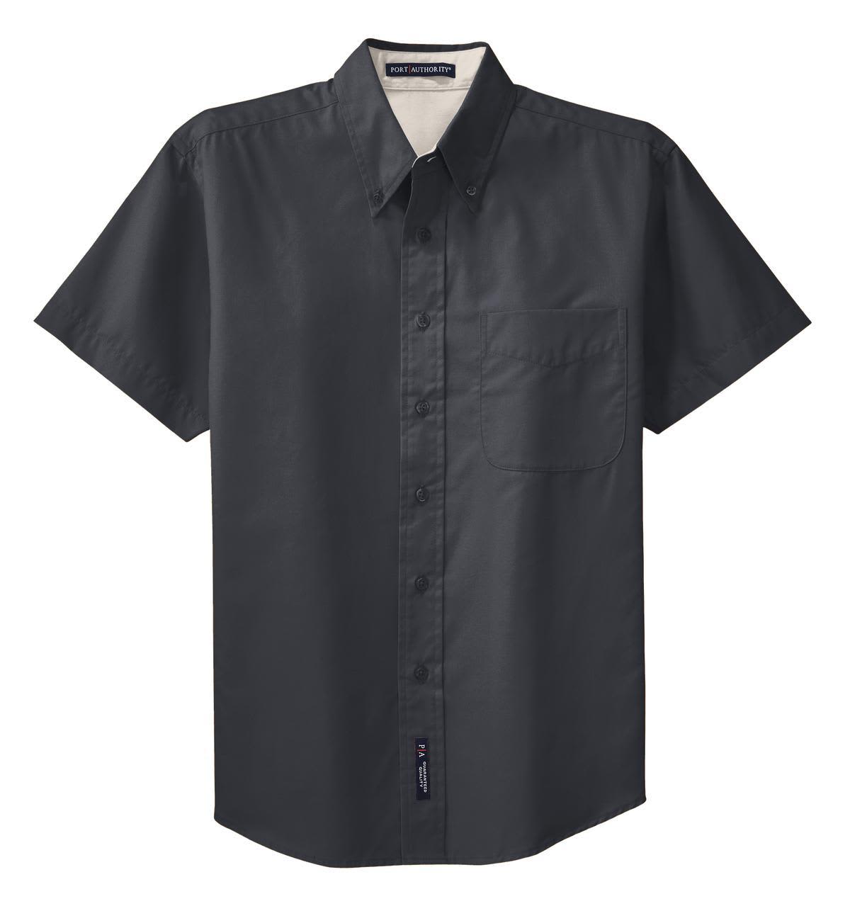 A short-sleeve button-up shirt in dark grey, featuring a chest pocket and a logo.