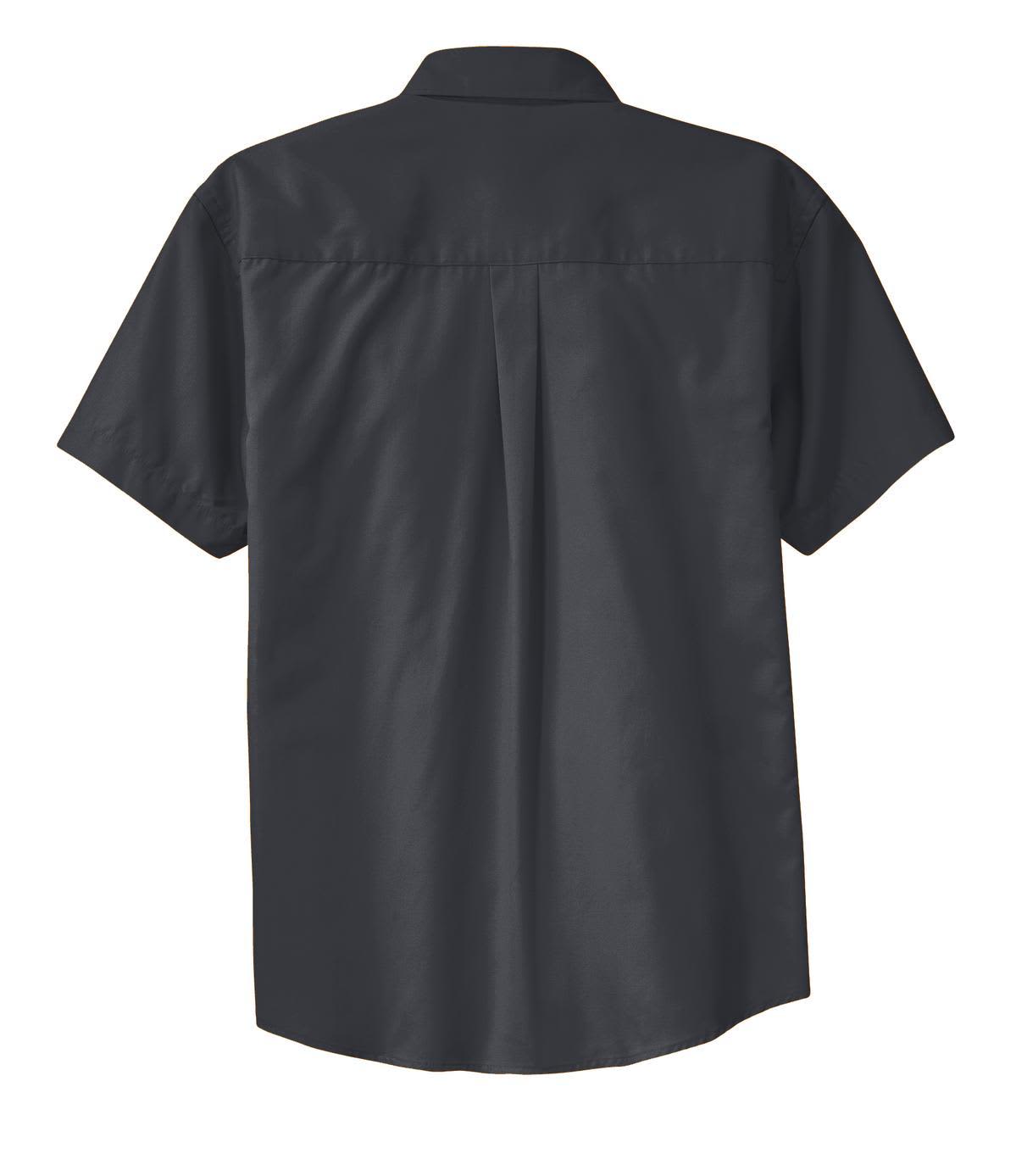 A dark grey short sleeve button-up shirt featuring a back yoke and a logo.