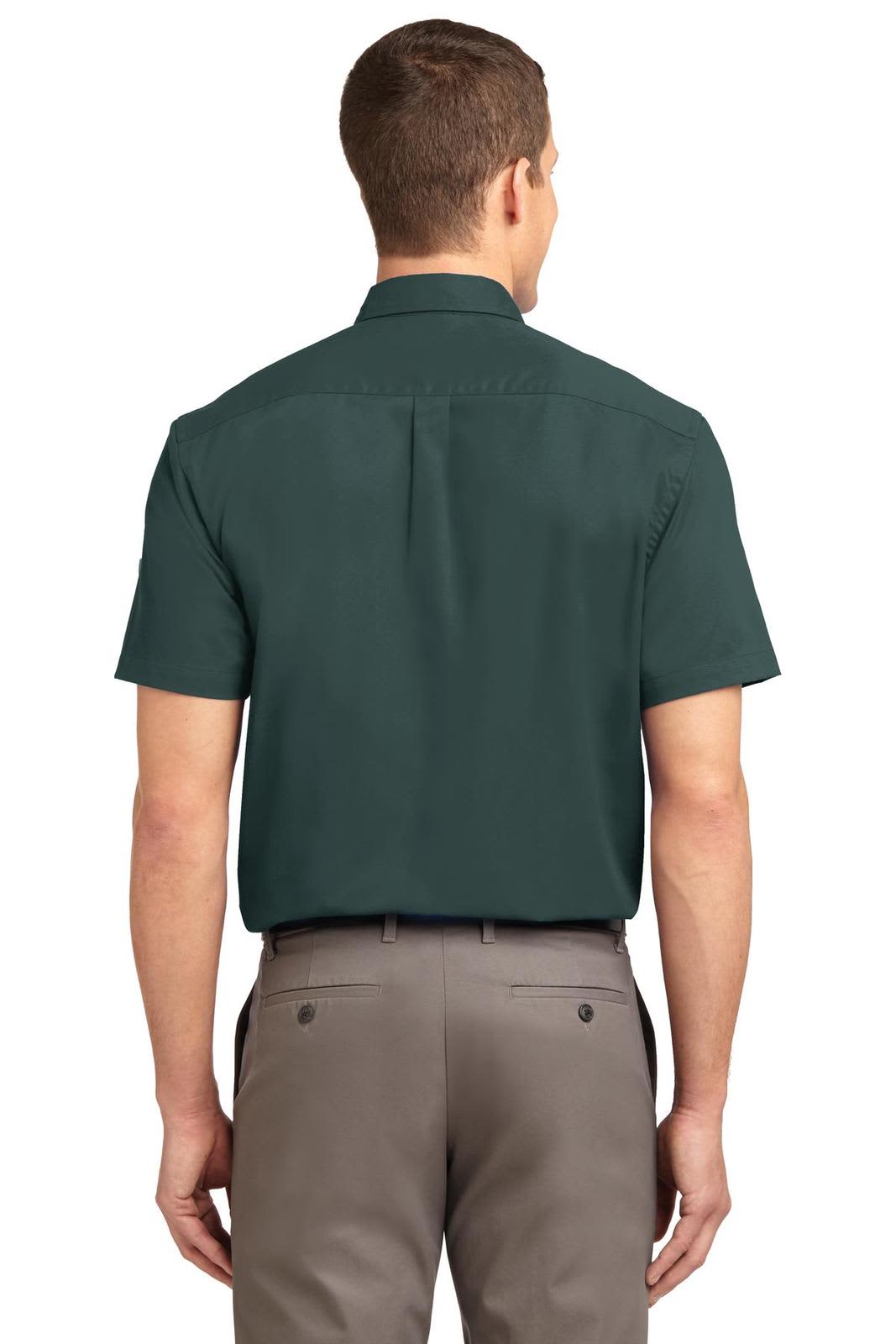 A dark green short sleeve button-up shirt with a plain back design, featuring a logo on the collar.