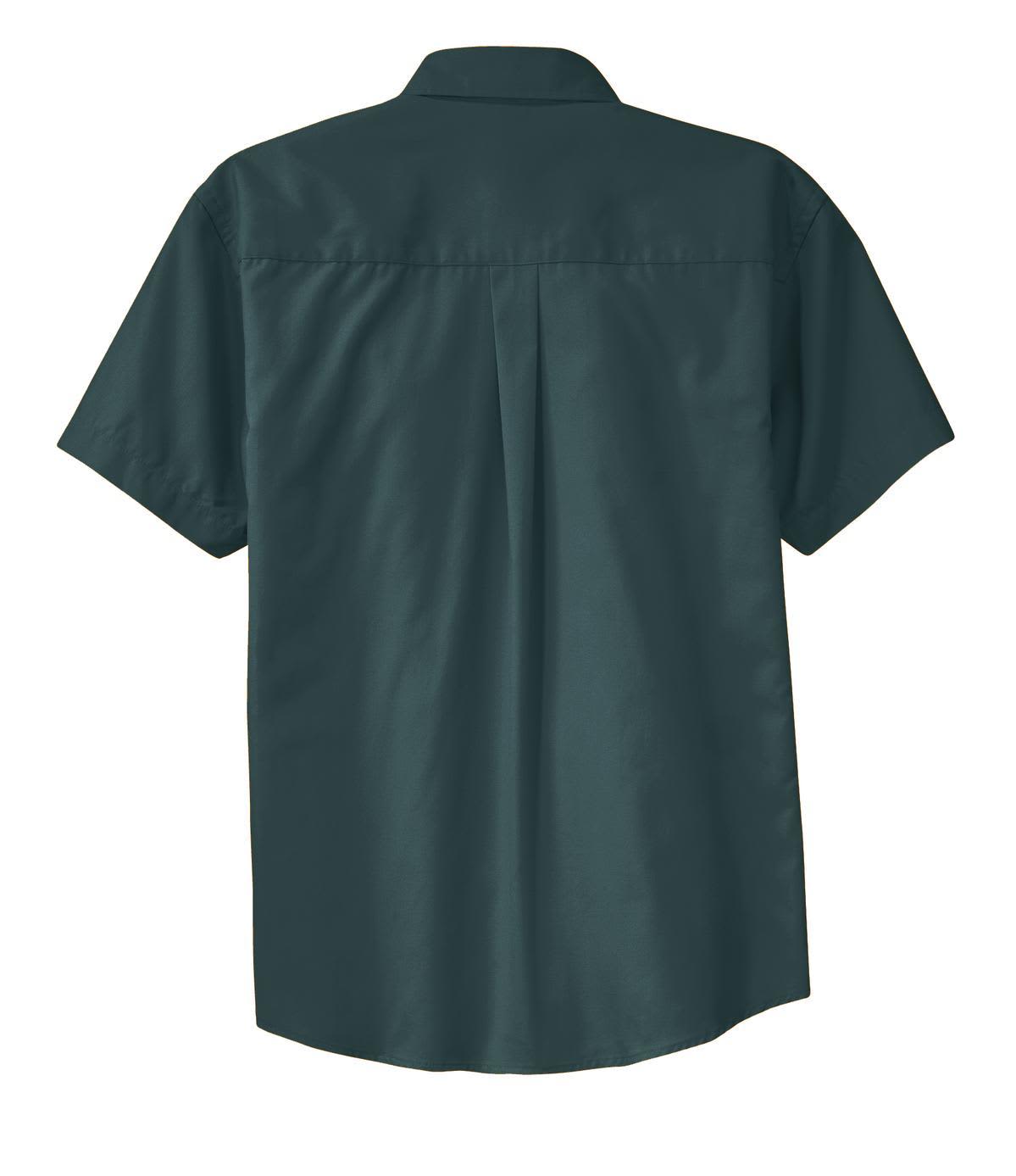 A dark green short sleeve button-up shirt featuring a back yoke and a logo.