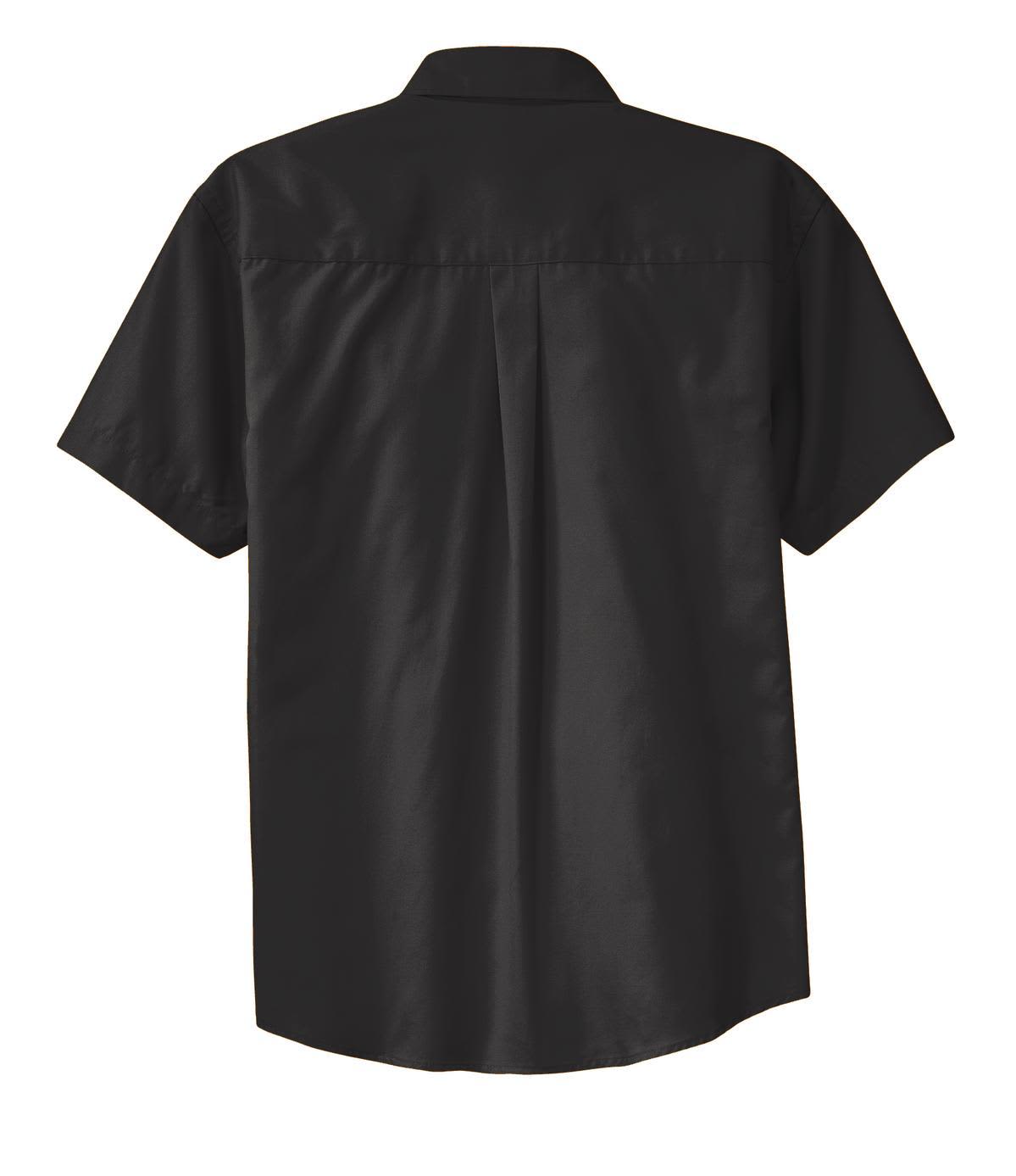 A black short sleeve button-up shirt with a plain back and a collar, featuring a logo.