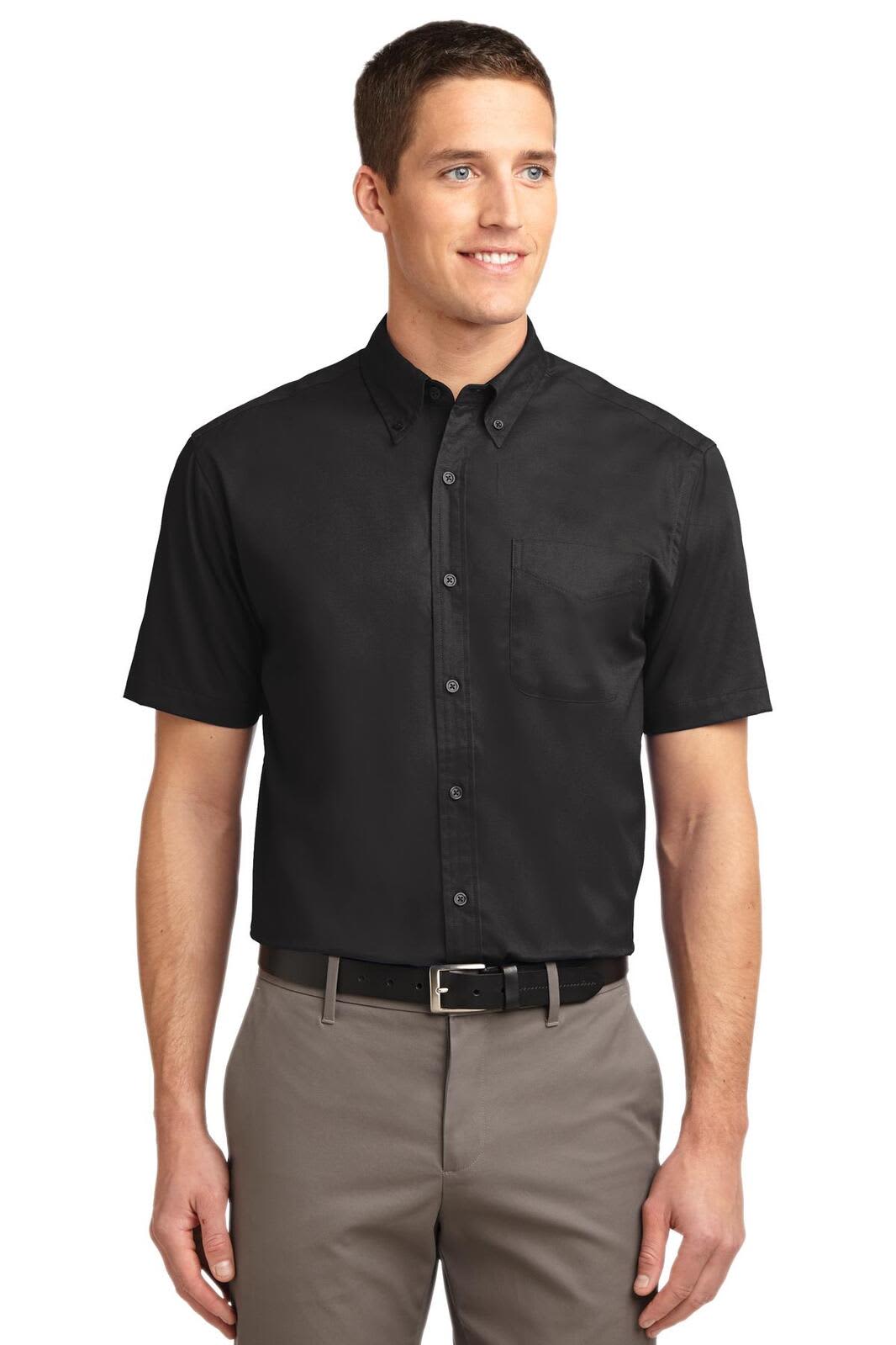 A short sleeve black button-up shirt with a collar, featuring a logo on the chest.
