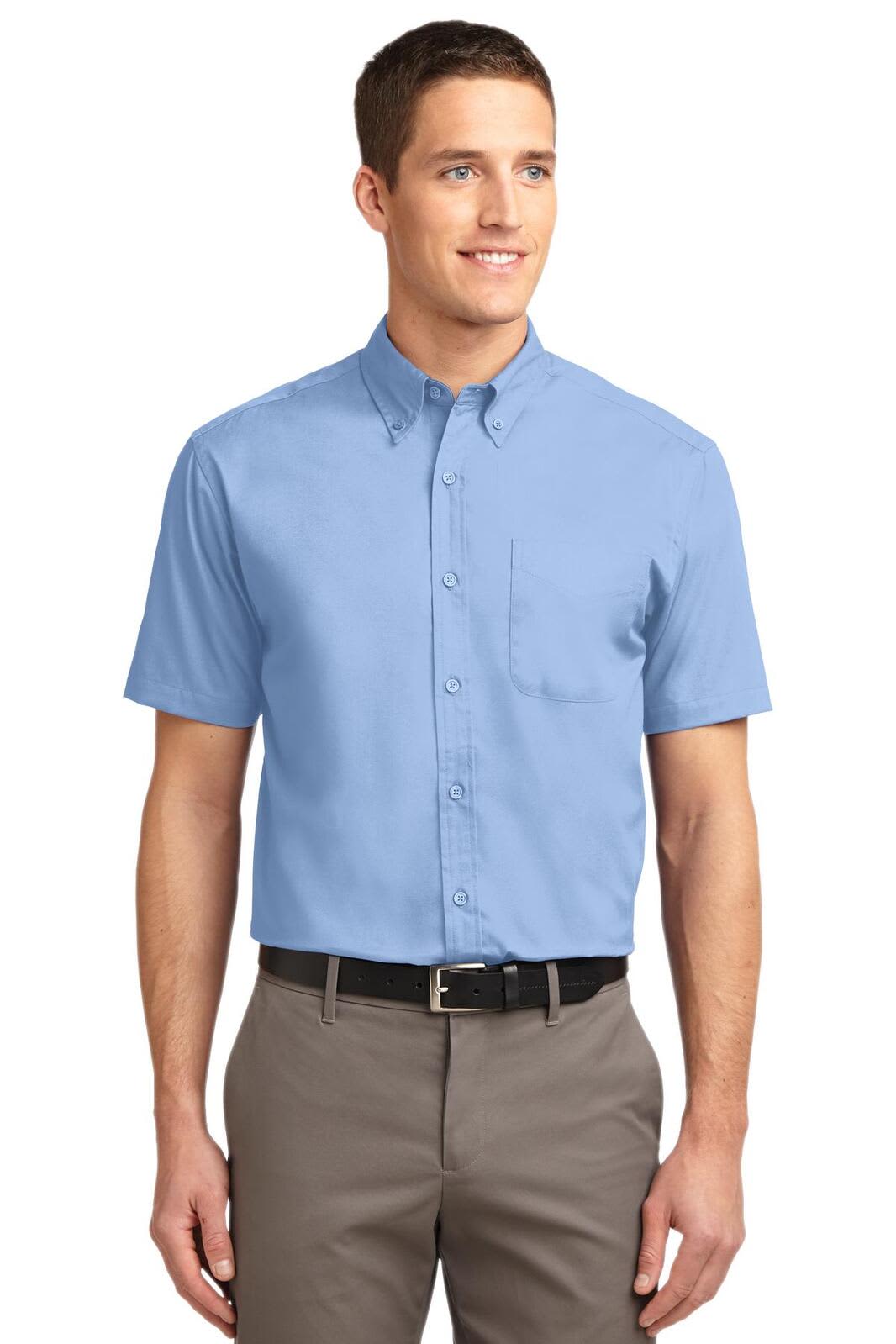 A light blue short sleeve button-up shirt with a collar and a chest pocket, featuring a logo.