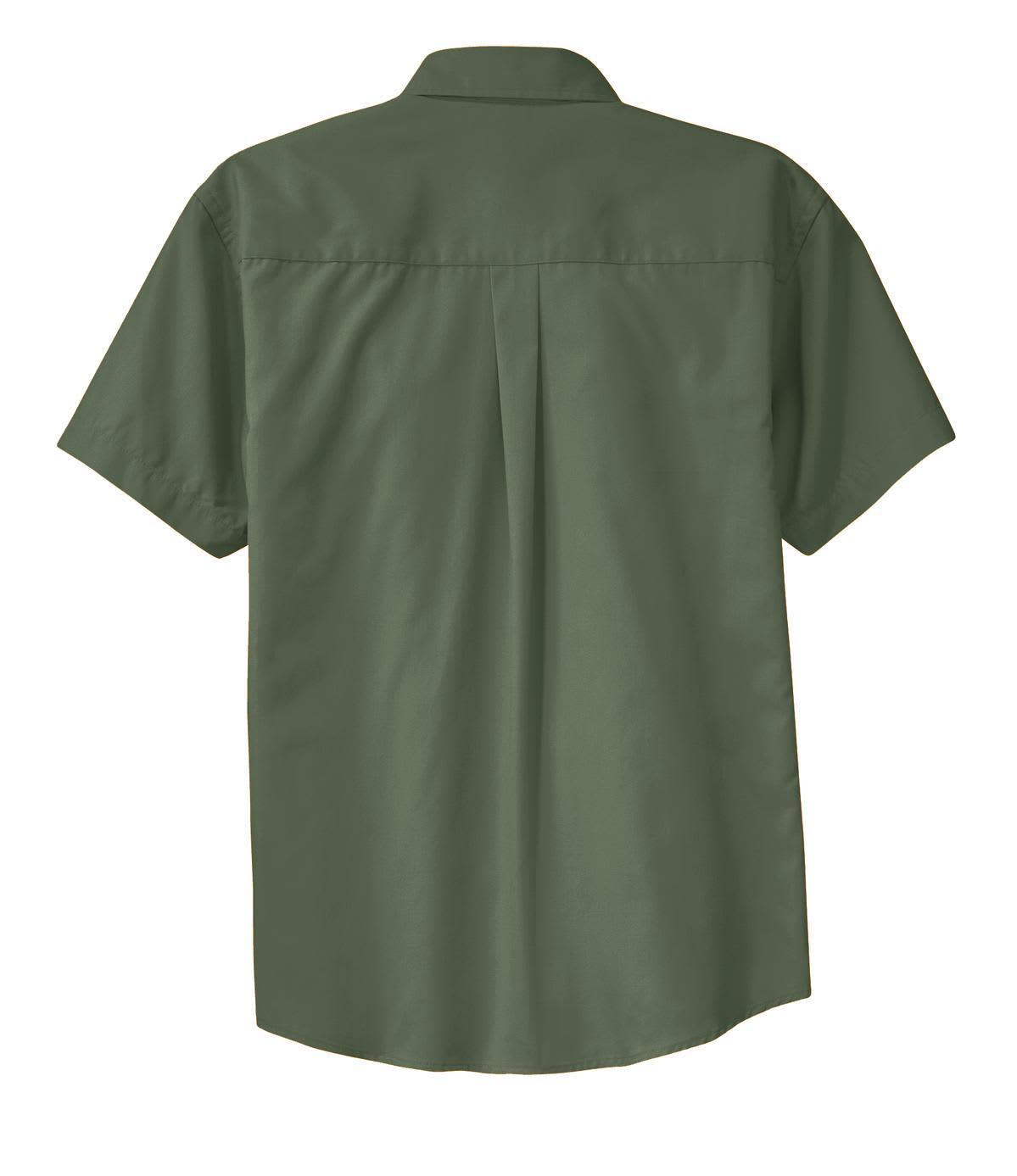 A short sleeve button-up shirt in a dark green colour, featuring a back pleat and a collar.