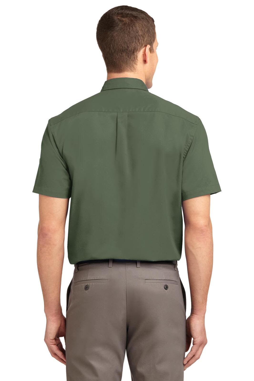 A short sleeve button-up shirt in dark green, featuring a back yoke and a subtle logo. Suitable for casual wear.