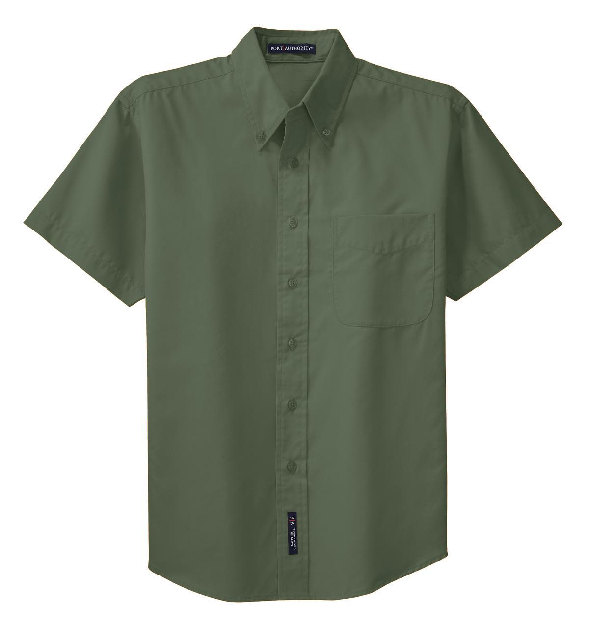 A short sleeve, olive green button-up shirt featuring a pocket and a logo tag.