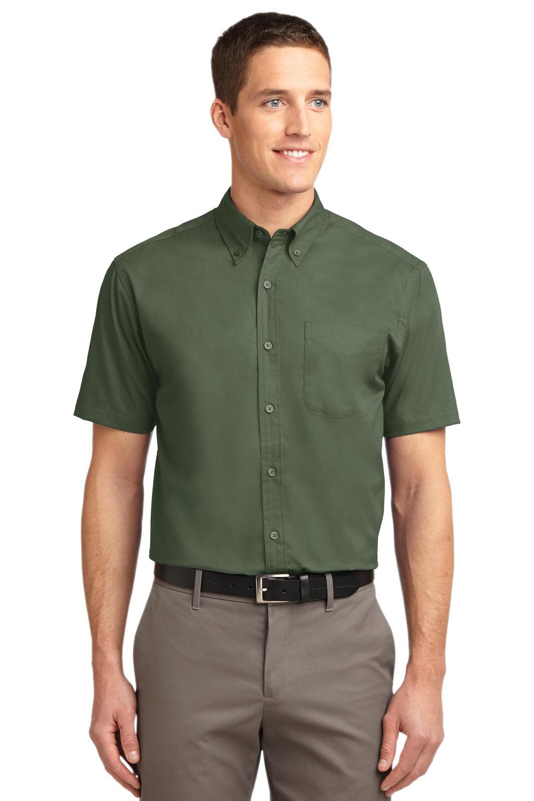 A short-sleeve button-up shirt in dark green, featuring a collar and chest pocket, with a logo present.