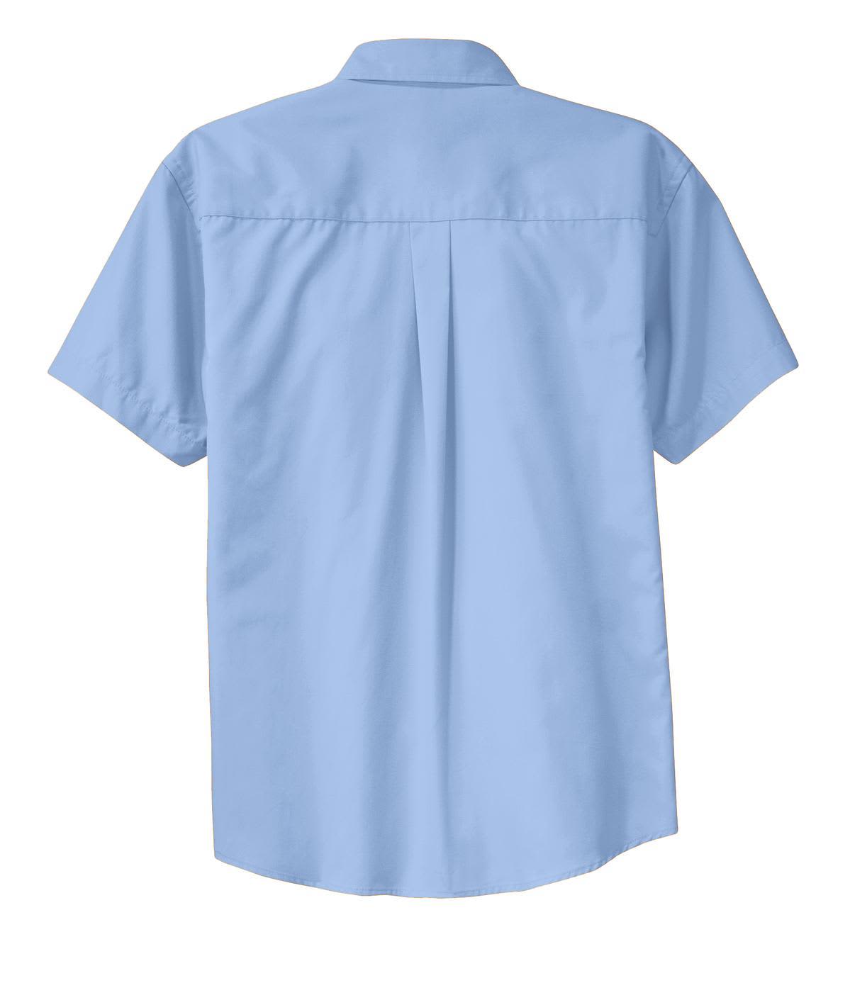 A light blue short sleeve button-up shirt featuring a back pleat and a logo.
