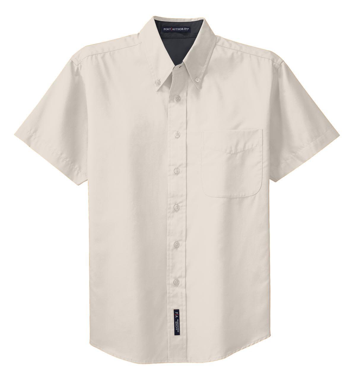 A light beige short sleeve button-up shirt with a single chest pocket and a branding label.