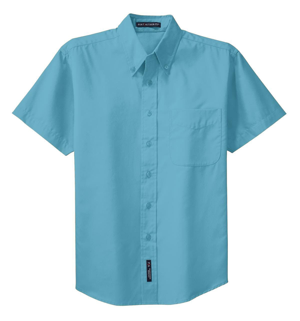 A light blue short sleeve button-up shirt with a pocket and a logo on the label.