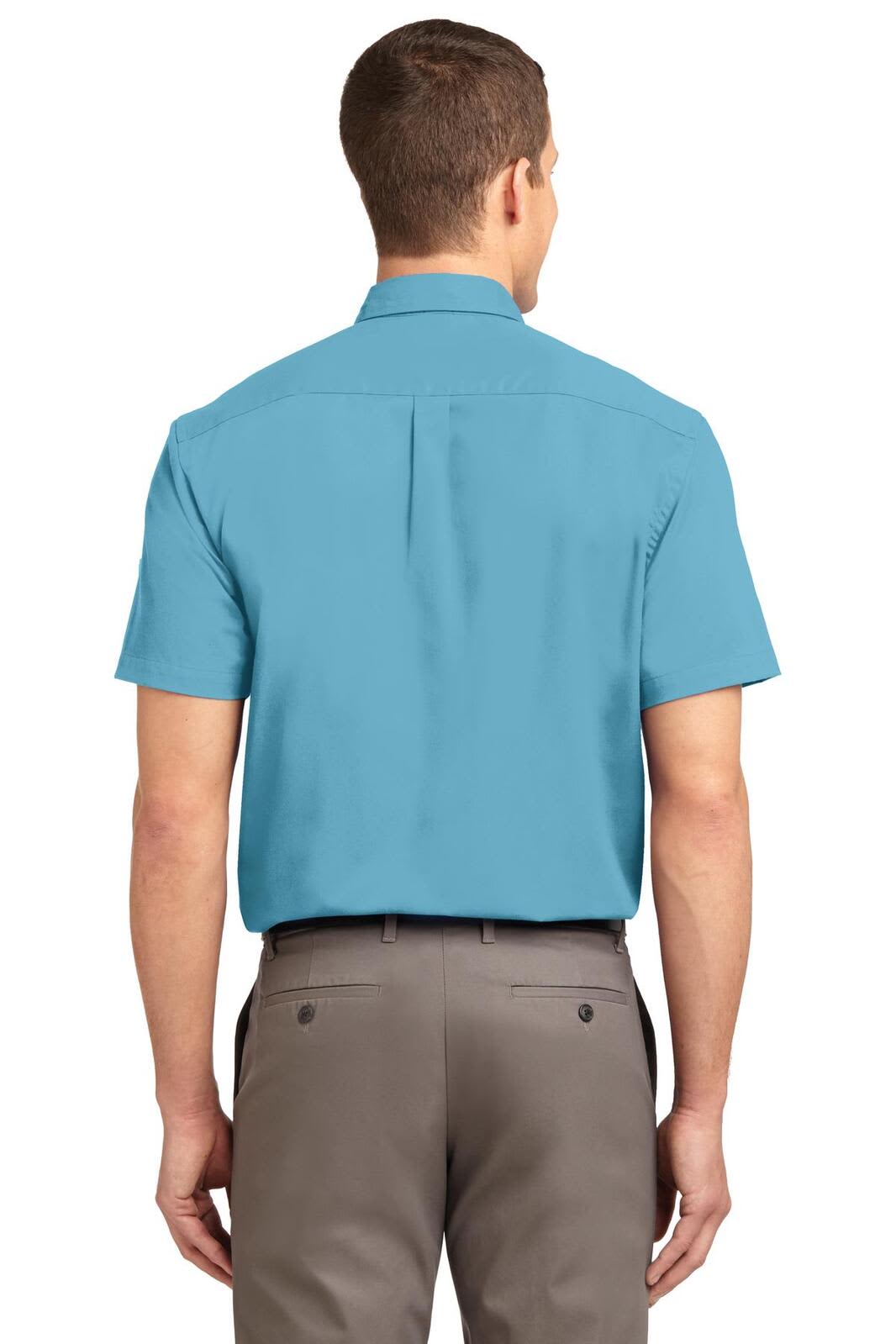 A short sleeve button-up shirt in turquoise, featuring a classic design and a logo on the back.