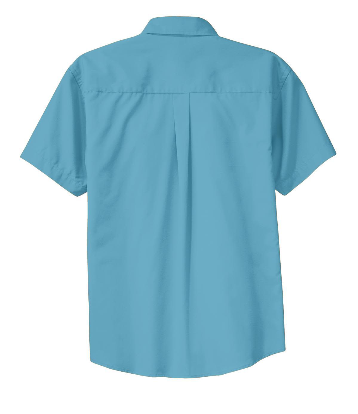 A short-sleeve button-up shirt in a light blue colour with a back pleat and a branded logo.