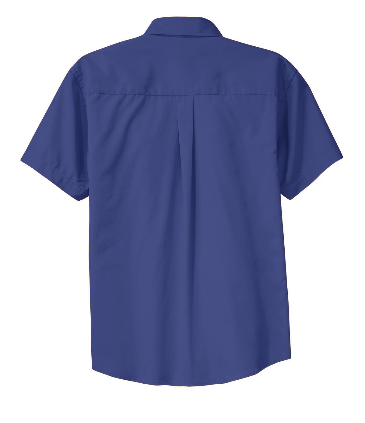 A blue short sleeve button-up shirt with a back pleat and a logo on the collar.