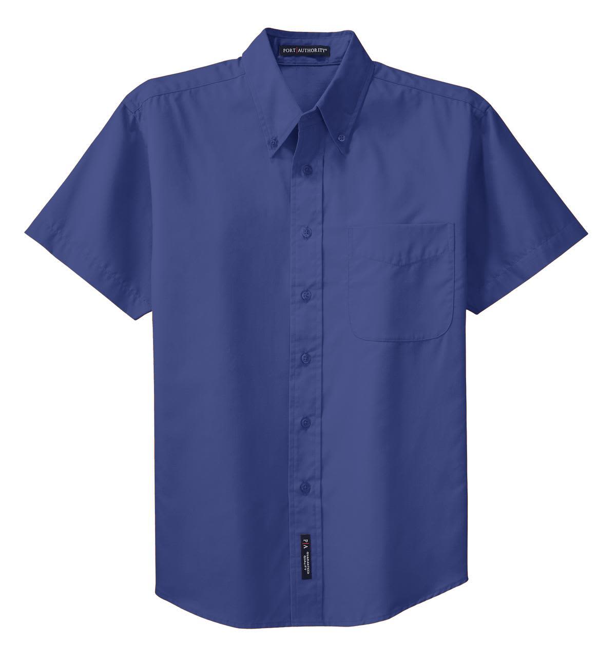 A short sleeve button-up shirt in a deep blue colour with a chest pocket and a logo tag.