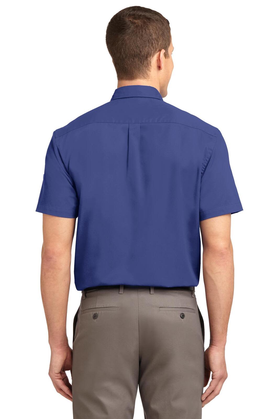 A short sleeve button-up shirt in a solid royal blue colour, featuring a logo on the back.