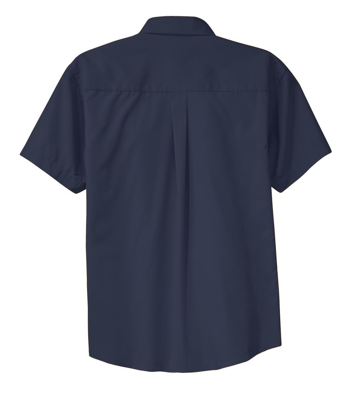 A short sleeve button-up shirt in navy blue featuring a back pleat and a logo.