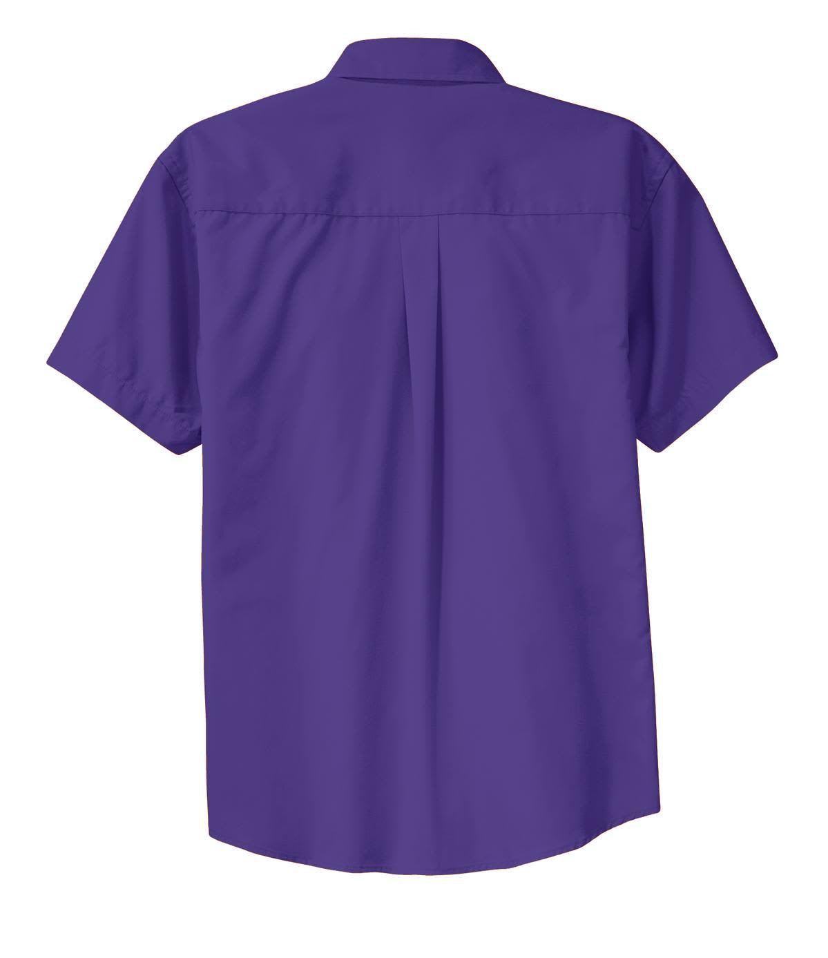A short sleeve button-up shirt in vibrant purple with a back pleat and logo.