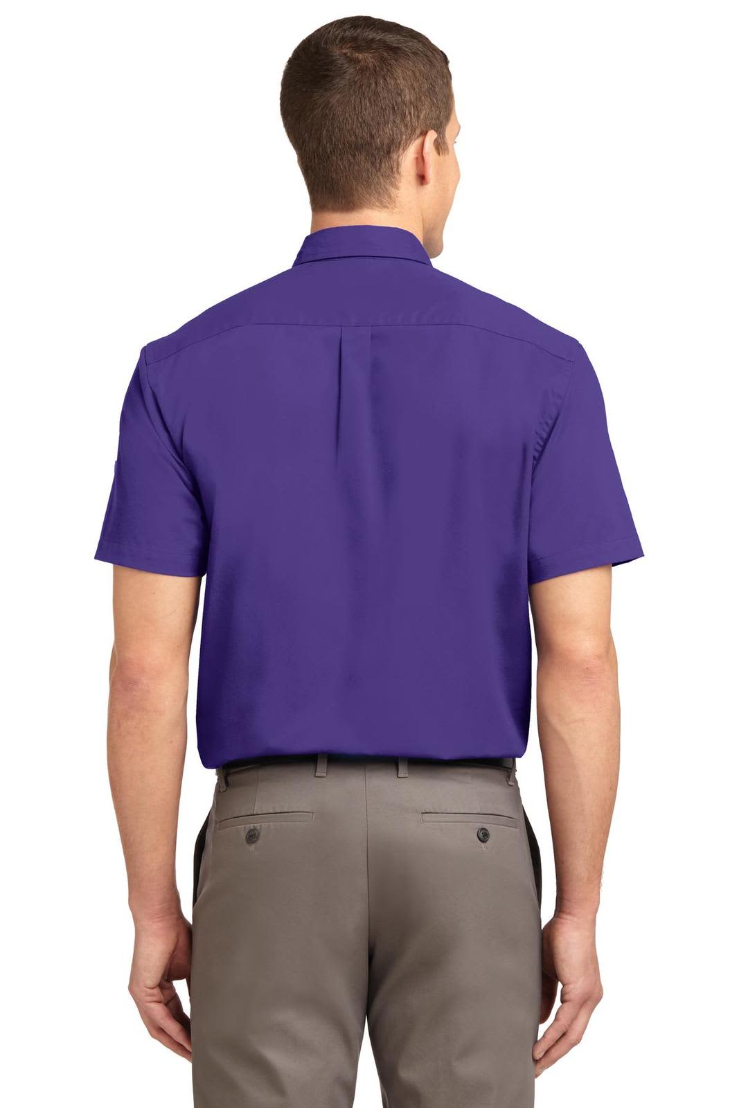 A short sleeve button-up shirt in purple, featuring a plain design and a back yoke for added structure.