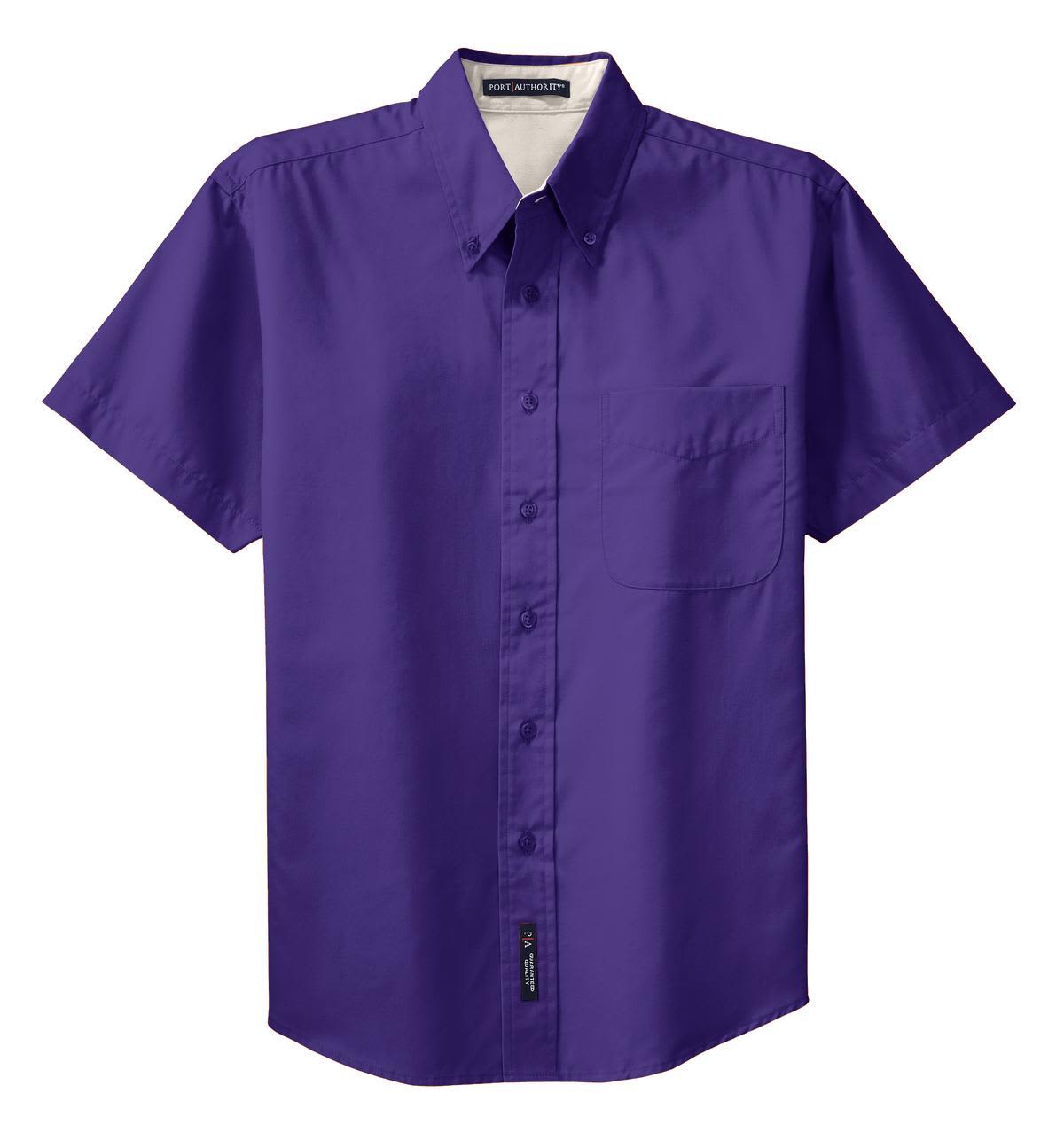 A purple short sleeve button-up shirt with a single chest pocket and branding.